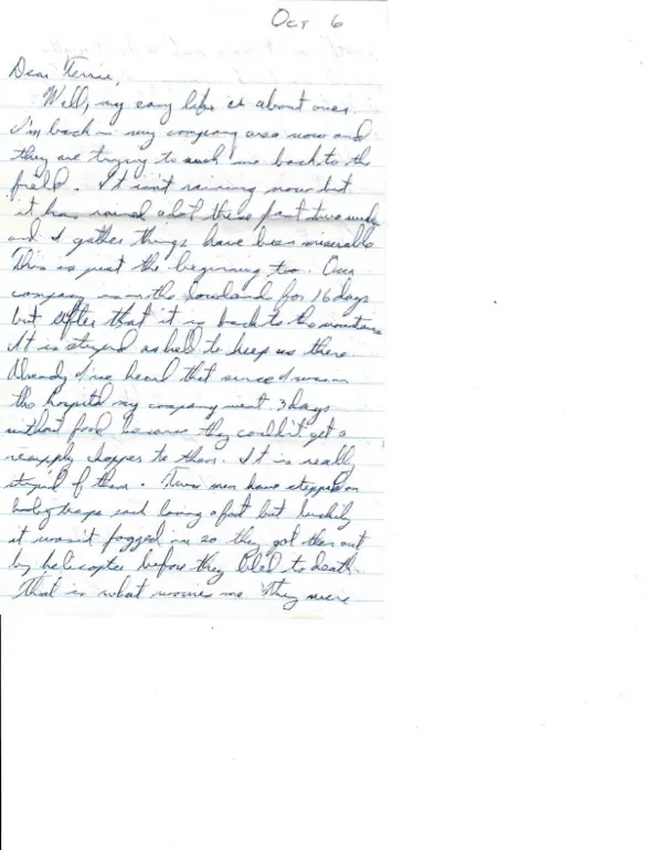 Letter to Terrie, 6 October 1970 — back to the field, booby traps, and 'raise hell' if the letters stop — scan 1