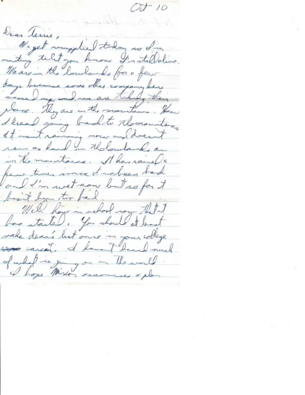 Letter to Terrie, 10 October 1970 — 'still alive,' in the lowlands, and hoping Nixon announces a plan — scan 1