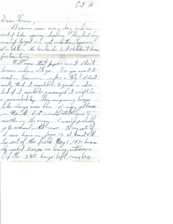 Letter to Terrie, 14 October 1970 — the Hawaii idea, first floated, and 'out of the field May 1' — scan 1