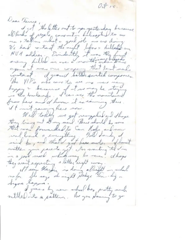 Letter to Terrie, 15 October 1970 — VIPs by helicopter, and 'the first enemy killed in over 3 months' in the brigade — scan 1