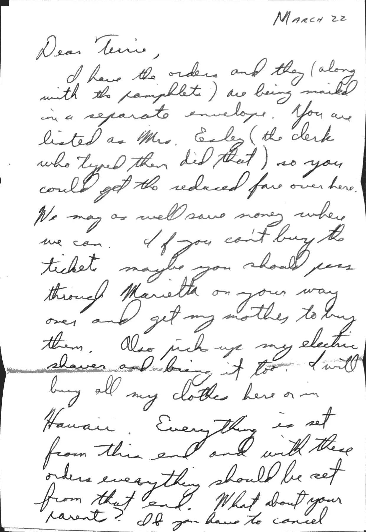 Letter to Terrie, 22 March 1971 — R&R orders for Hawaii — scan 1