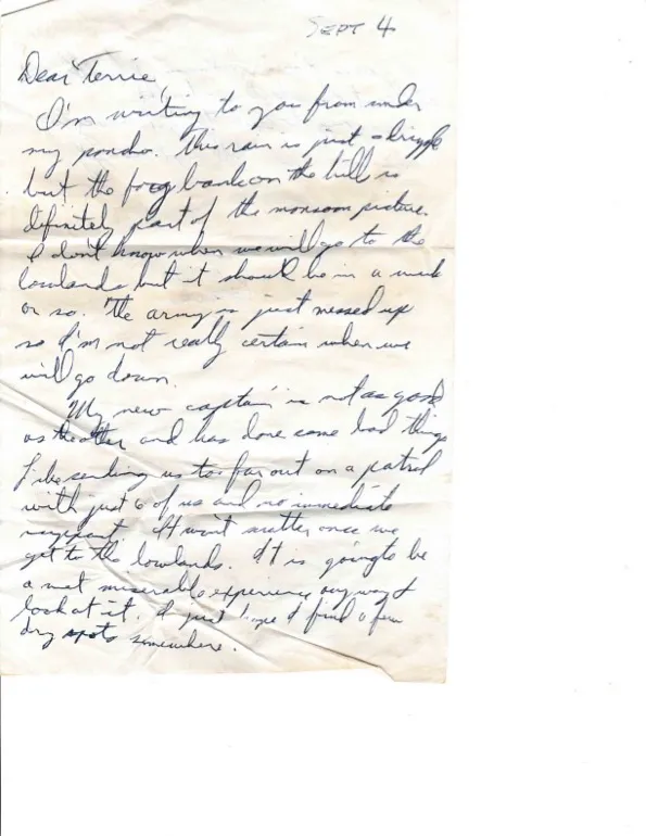 Letter to Terrie, 4 September 1970 — writing from under a poncho, and a new captain's bad call — scan 1