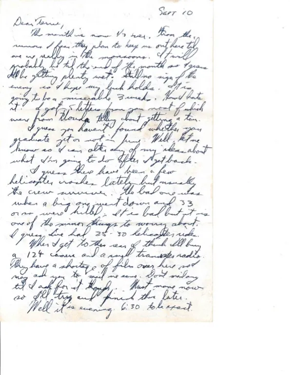 Letter to Terrie, 10 September 1970 — a helicopter crash, camera shopping, and 'I'd be a resident of Canada now' — scan 1