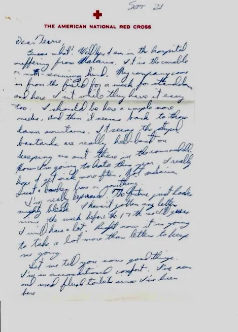 Letter to Terrie, 21 September 1970 — 'Guess what! Here I am in the hospital suffering from Malaria' — scan 1