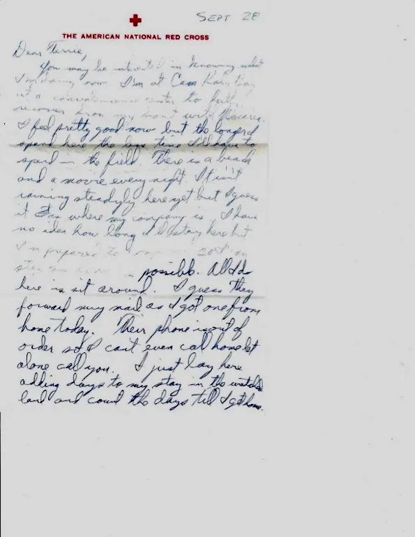 Letter to Terrie, 28 September 1970 — 'I'm at Cam Ranh Bay at a convalescence center to fully recover from my bout with Malaria' — scan 1
