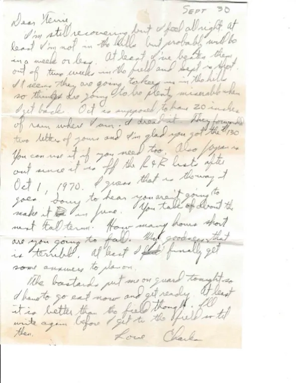 Letter to Terrie, 30 September 1970 — dreading 20 inches of October rain, and pulled for guard instead — scan 1