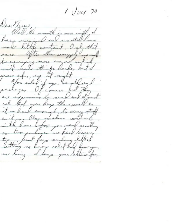 Letter to Terrie, 1 July 1970 — 'the month is over with, I have survived,' 50 days in — scan 1