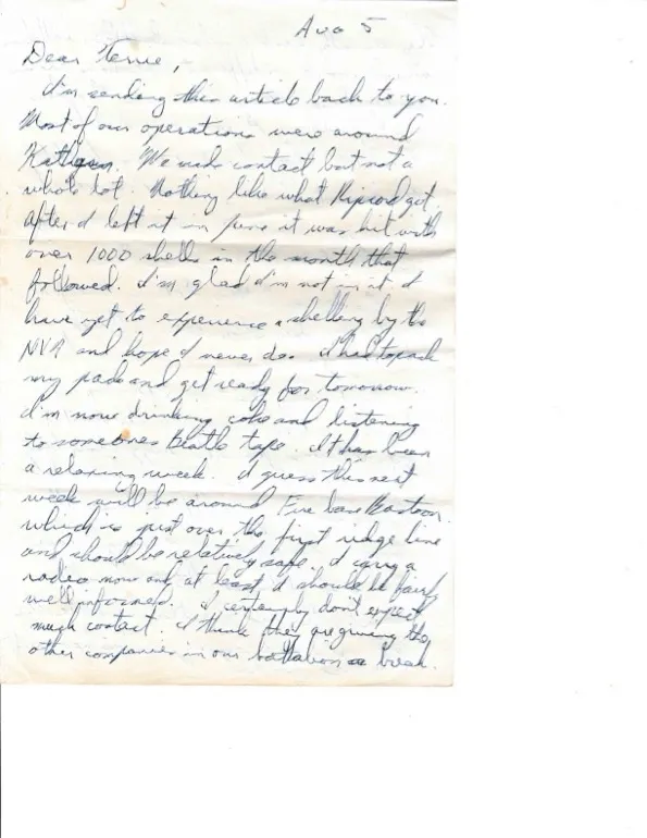 Letter to Terrie, 5 August 1970 — Firebase Ripcord's shelling, company losses, and 'just homesick' — scan 1