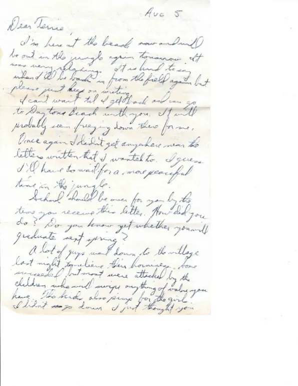 Letter to Terrie, 5 August 1970 — a beach day, and what happened when some guys went to the village — scan 1