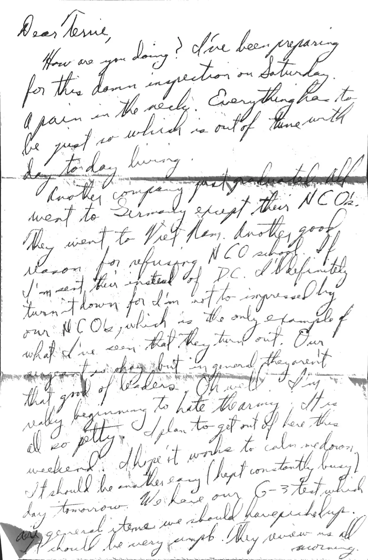 Letter to Terrie, late 1969 — refusing NCO school, and 'beginning to hate the army' — scan 1