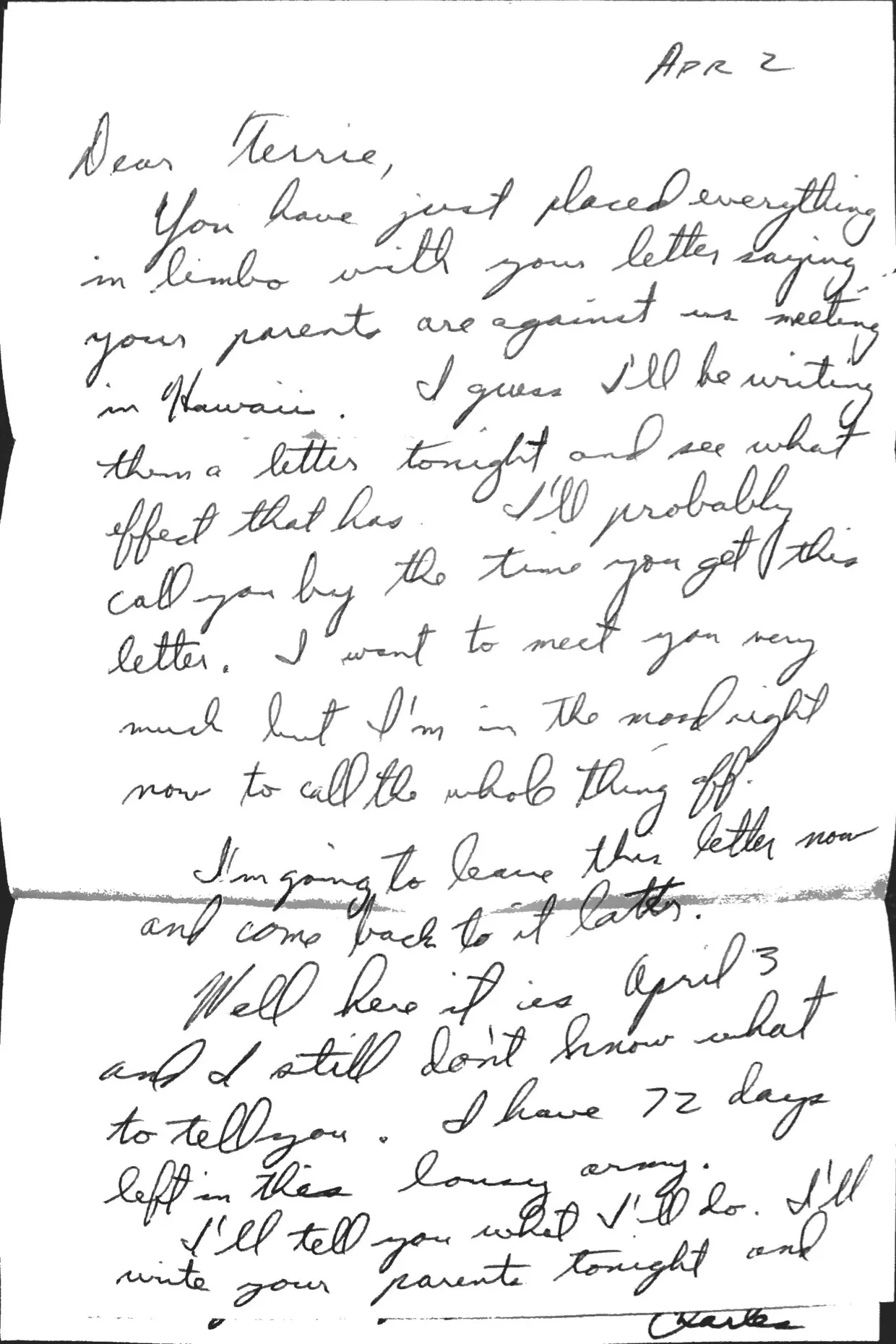 Letter to Terrie, 2–3 April 1971 — 'Your letter saying your parents are against us meeting in Hawaii' — scan 1