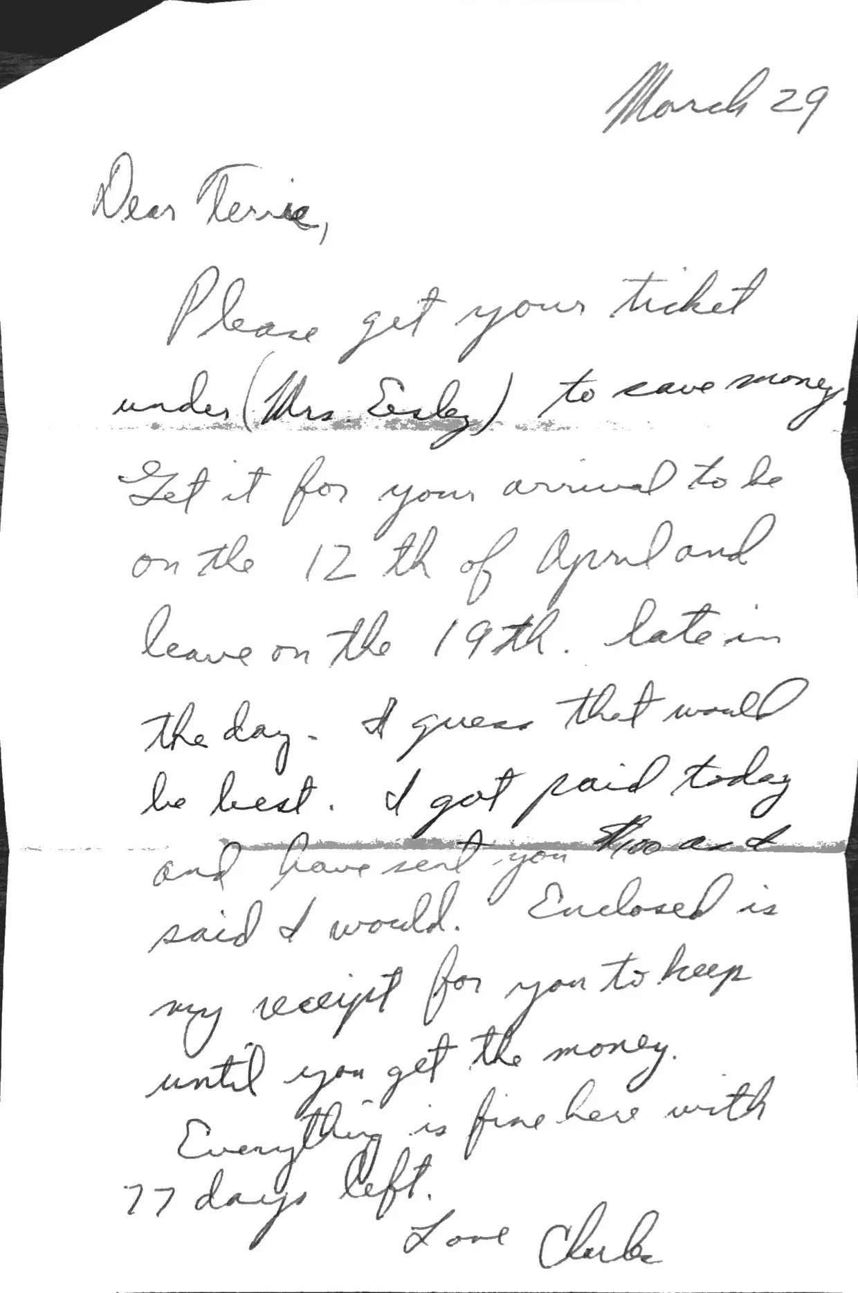 Letter to Terrie, 29 March 1971 — 'Please get your ticket under (Mrs. Eesley) to save money' — scan 2
