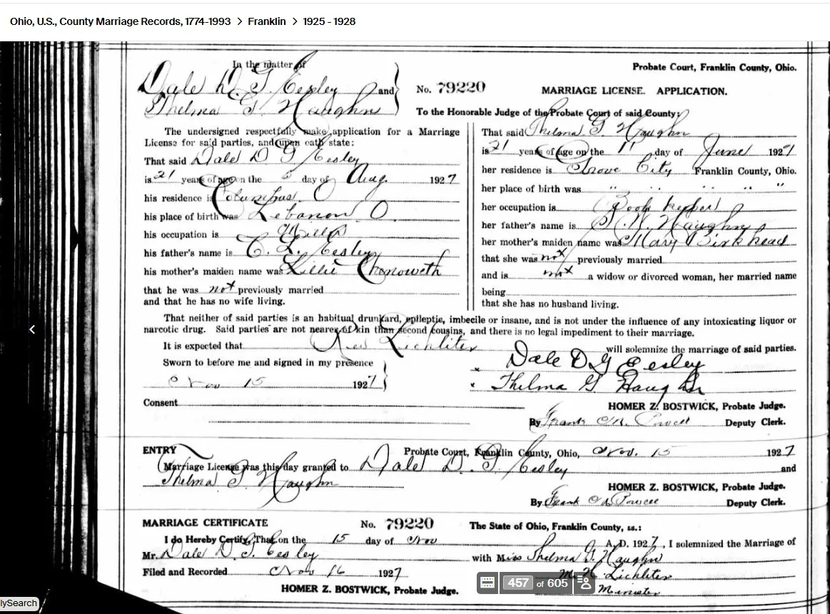 Dale Eesley + Thelma Haughn Marriage License — Franklin County, Ohio, 1927