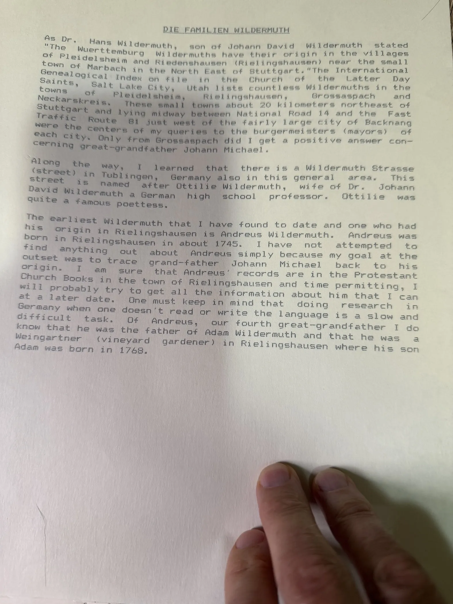 The 'Little Histories' — the original typed pages, and Die Familien Wildermuth