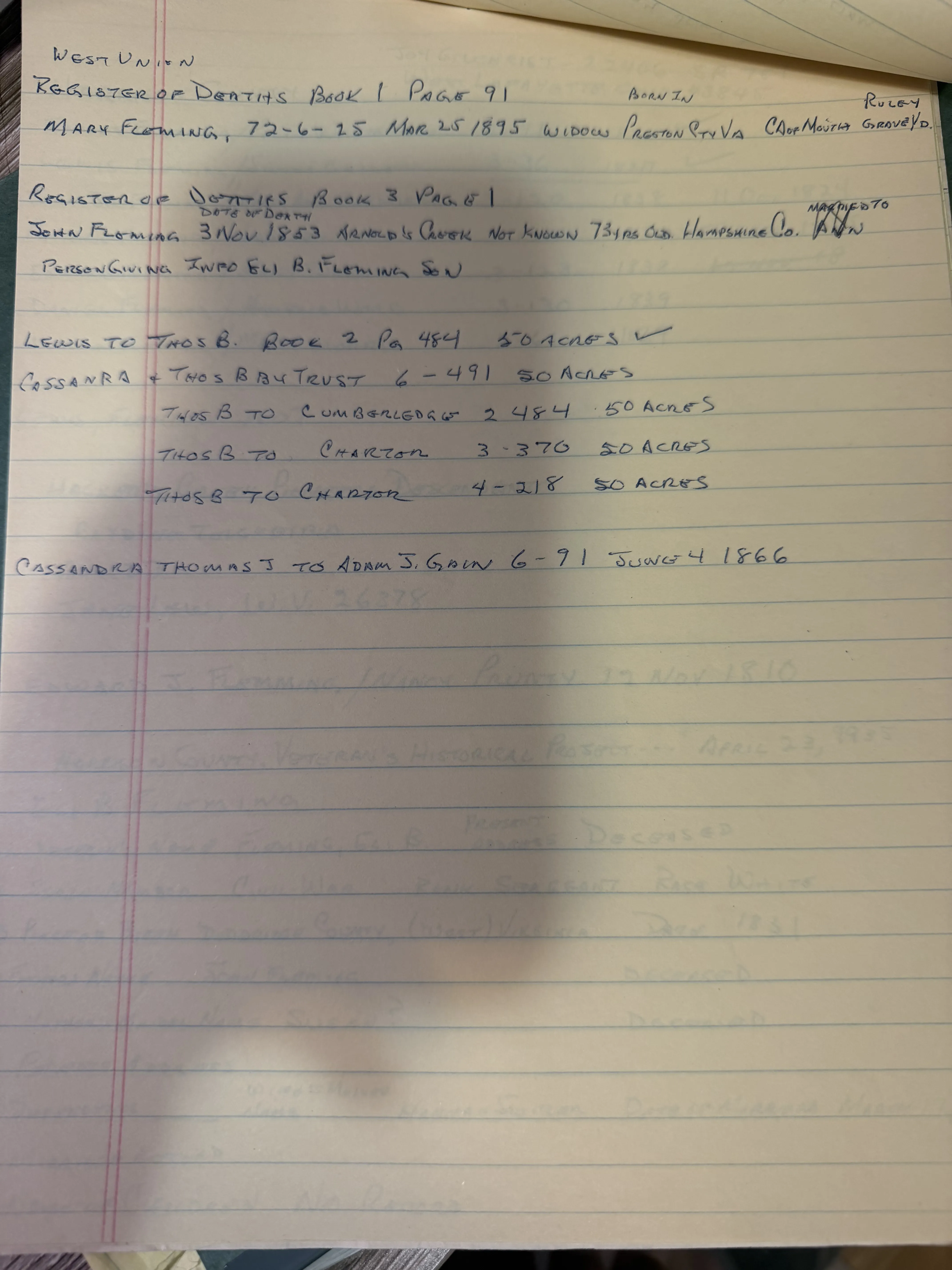 West Union registers, the Doddridge deed index, and Eli Fleming's Civil War service