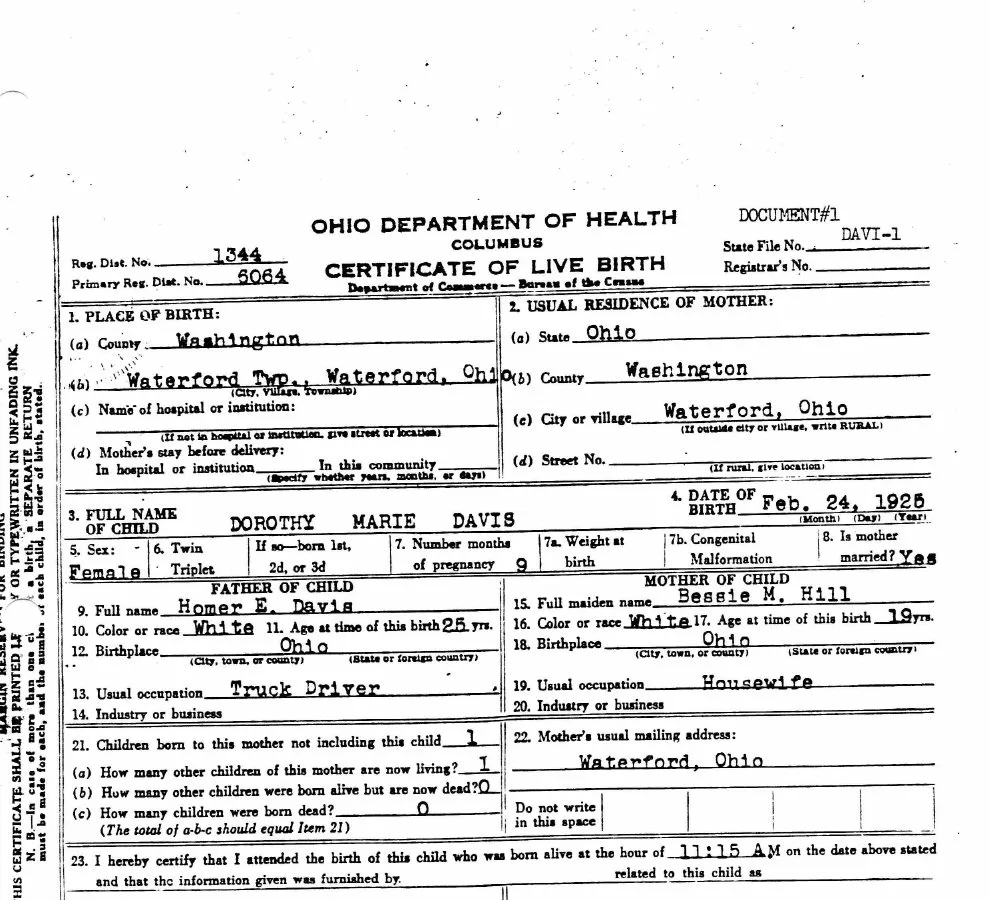 Dorothy Marie Davis — Ohio Department of Health Birth Certificate, 24 February 1925