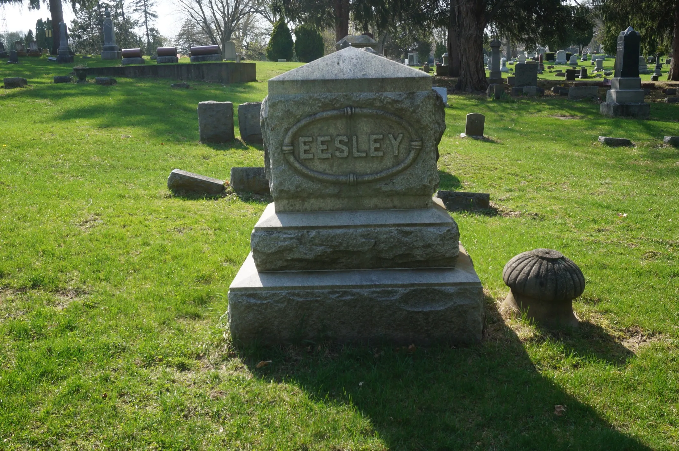 The Eesley family monument at Hillside Cemetery, Plainwell, Michigan — a granite base carved EESLEY within an oval cartouche, with individual footstones set around it.