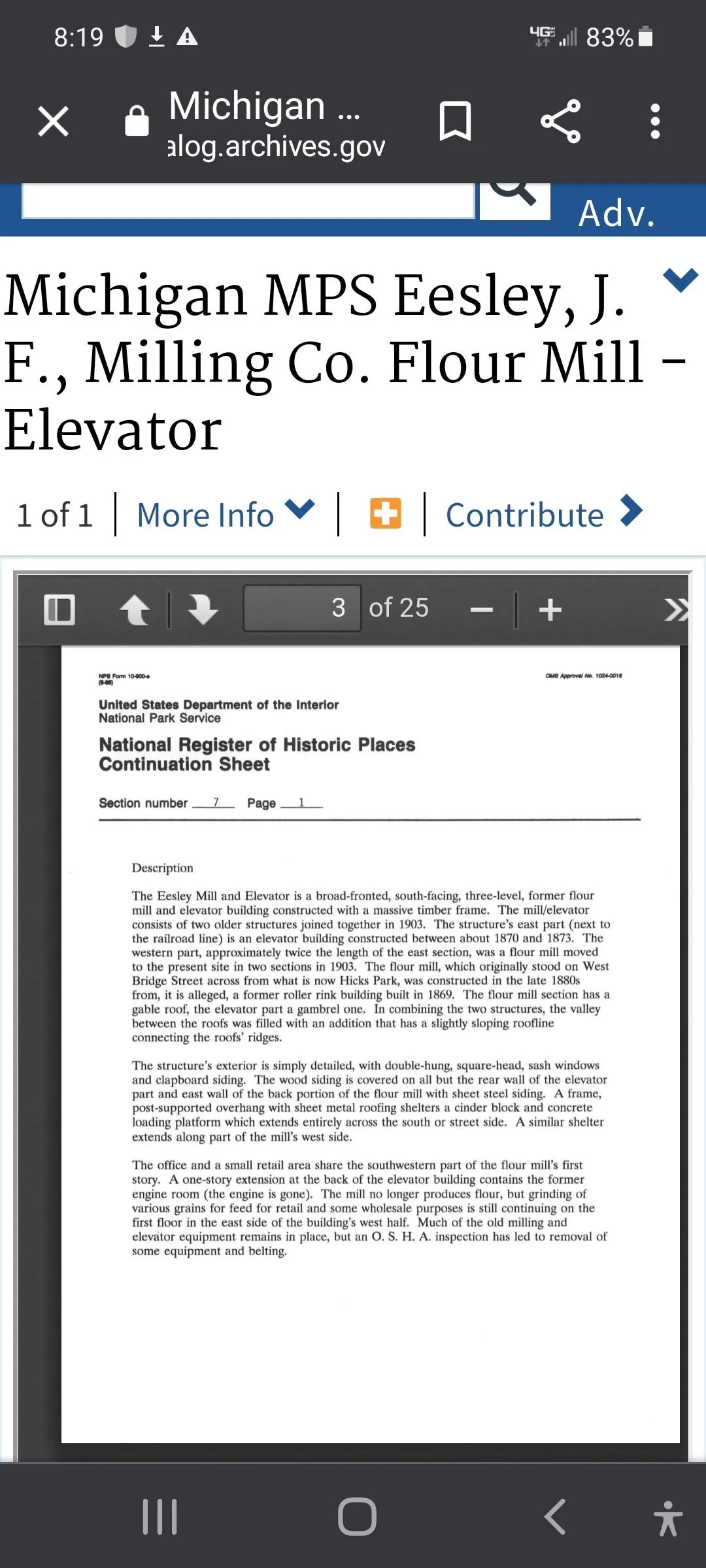 The National Register of Historic Places continuation sheet for the Eesley Milling Co. Flour Mill–Elevator, Section 7 page 1 — the physical description of the building, prepared July 1991.