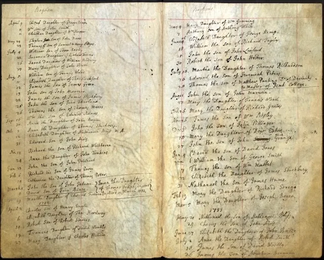 A two-page spread of an 18th-century Church of England parish baptism register from the Eesley-line source research, covering the late 1720s to the 1730s — the years around William's 1731 baptism.