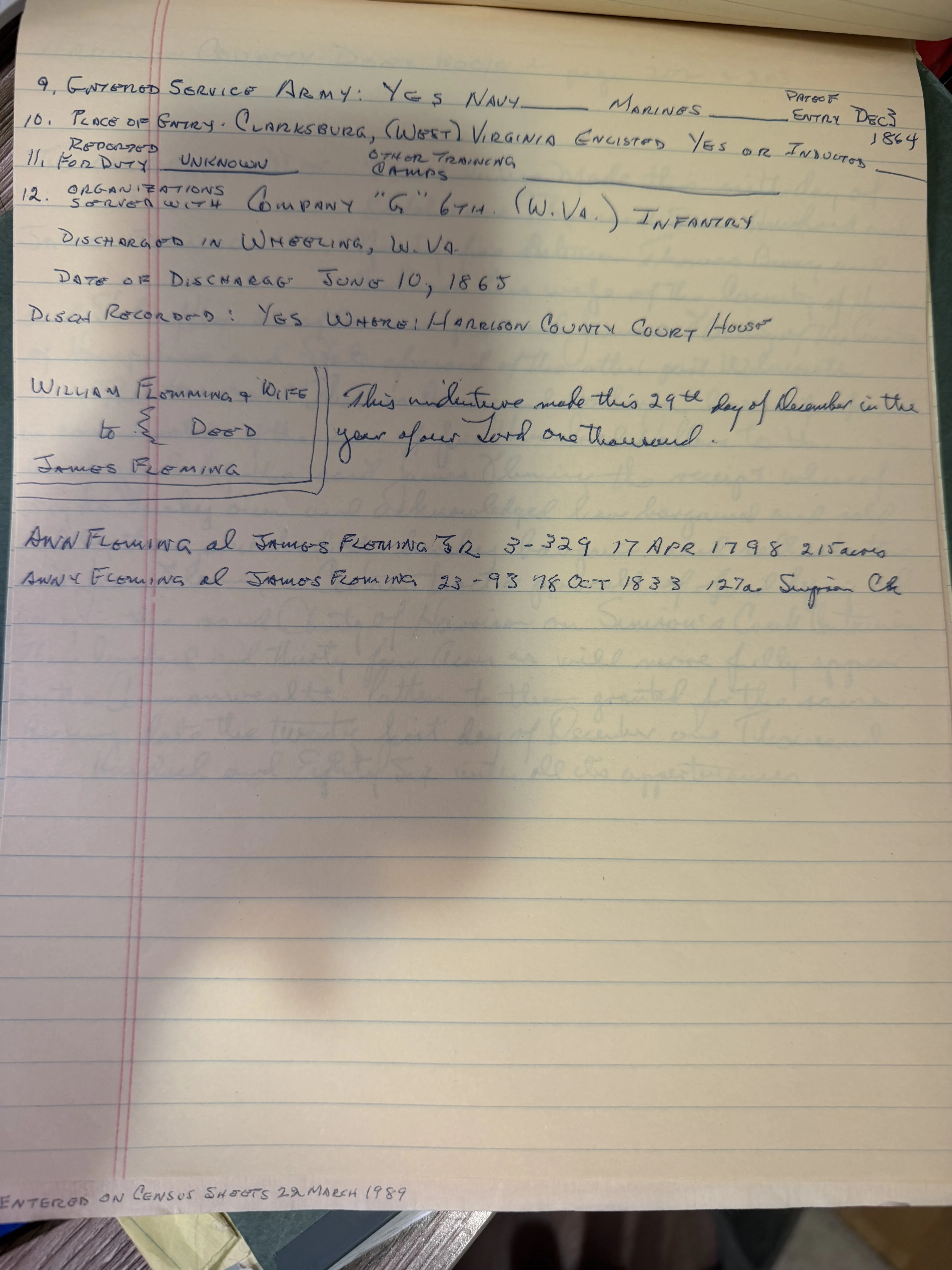 A handwritten abstract of a Harrison County Veteran’s Historical Project form recording Civil War service in Company G, 6th West Virginia Infantry.