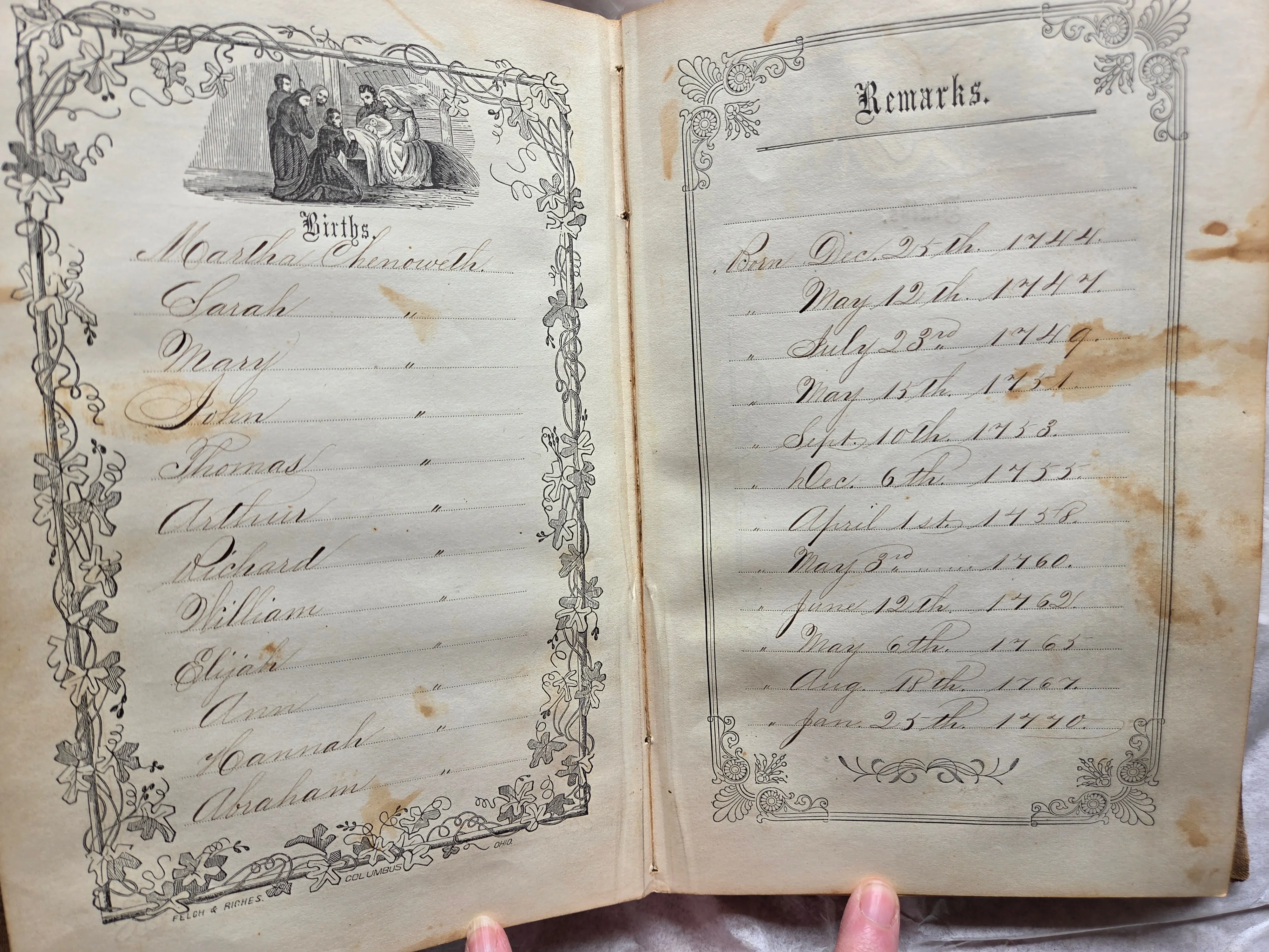 The Elijah Chenoweth Jr. family register — primary-source Chenoweth births, 1744–1806 — scan 1