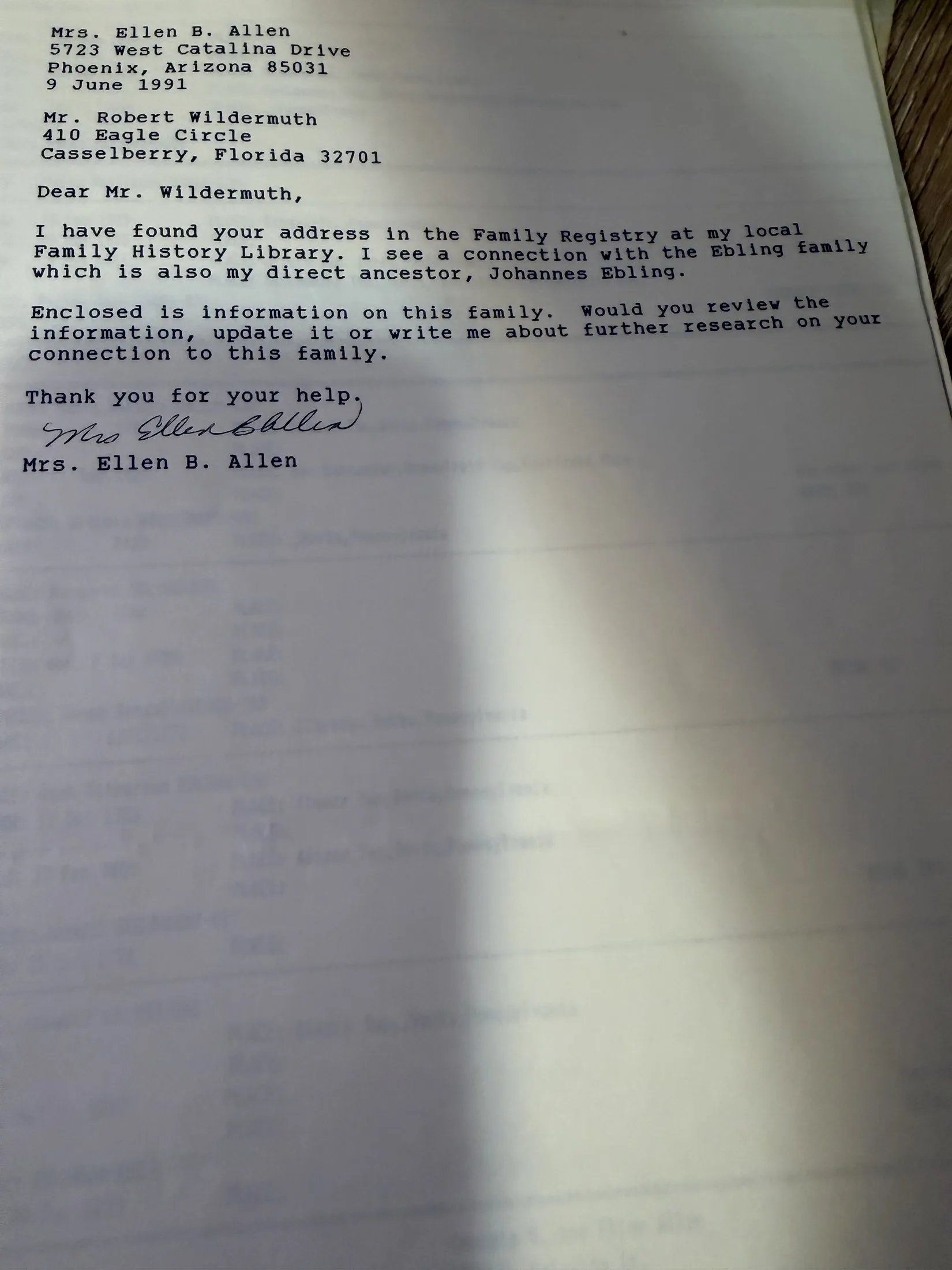A typed letter dated 9 June 1991 from Mrs. Ellen B. Allen of 5723 West Catalina Drive, Phoenix, Arizona, telling Robert Wildermuth she found his address in the Family Registry at her local Family History Library and sees a connection with the Ebling family, her direct ancestor Johannes Ebling.