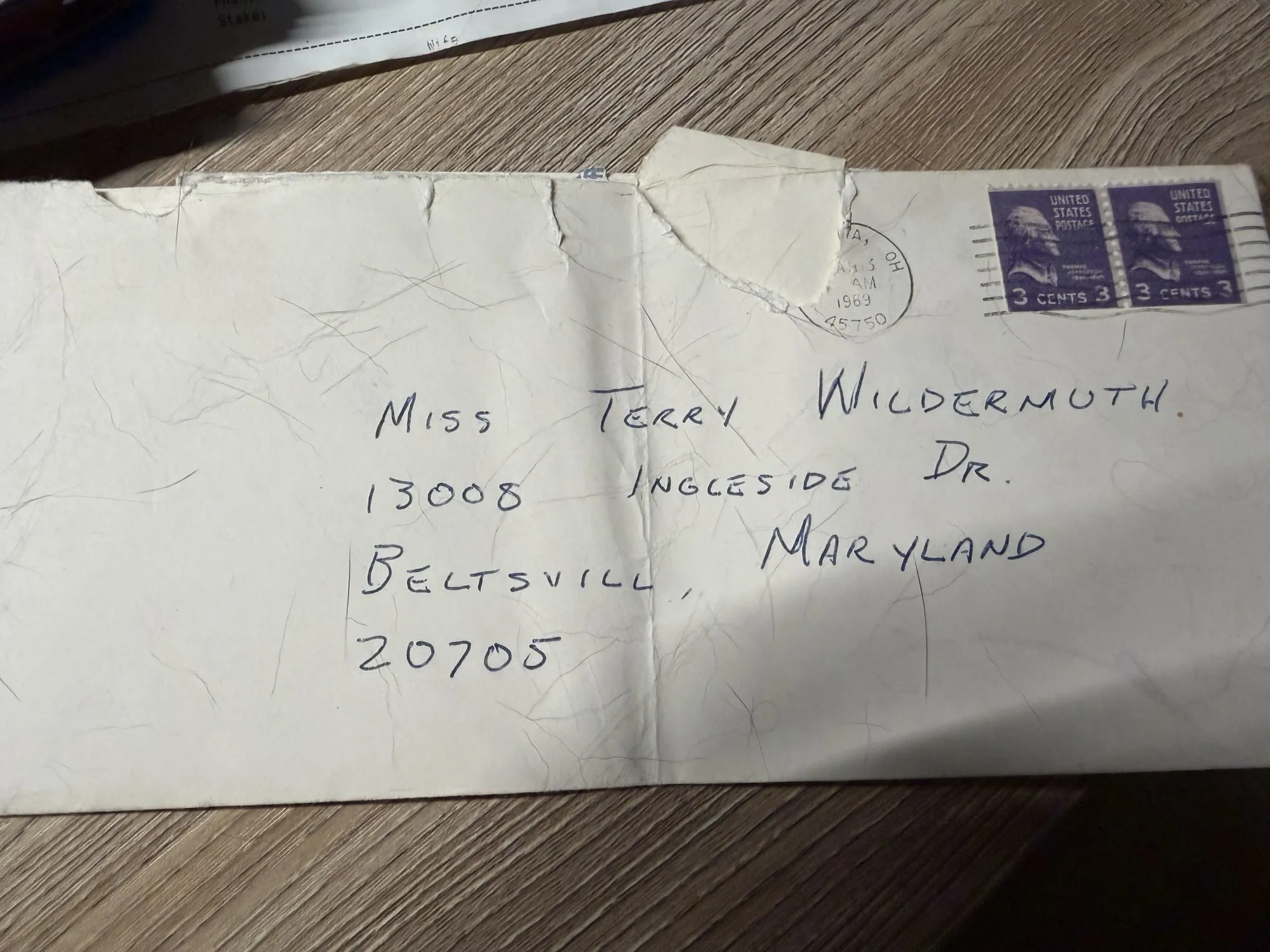 Envelope postmarked Marietta, Ohio 1969, addressed to Terry Wildermuth in Beltsville, Maryland.