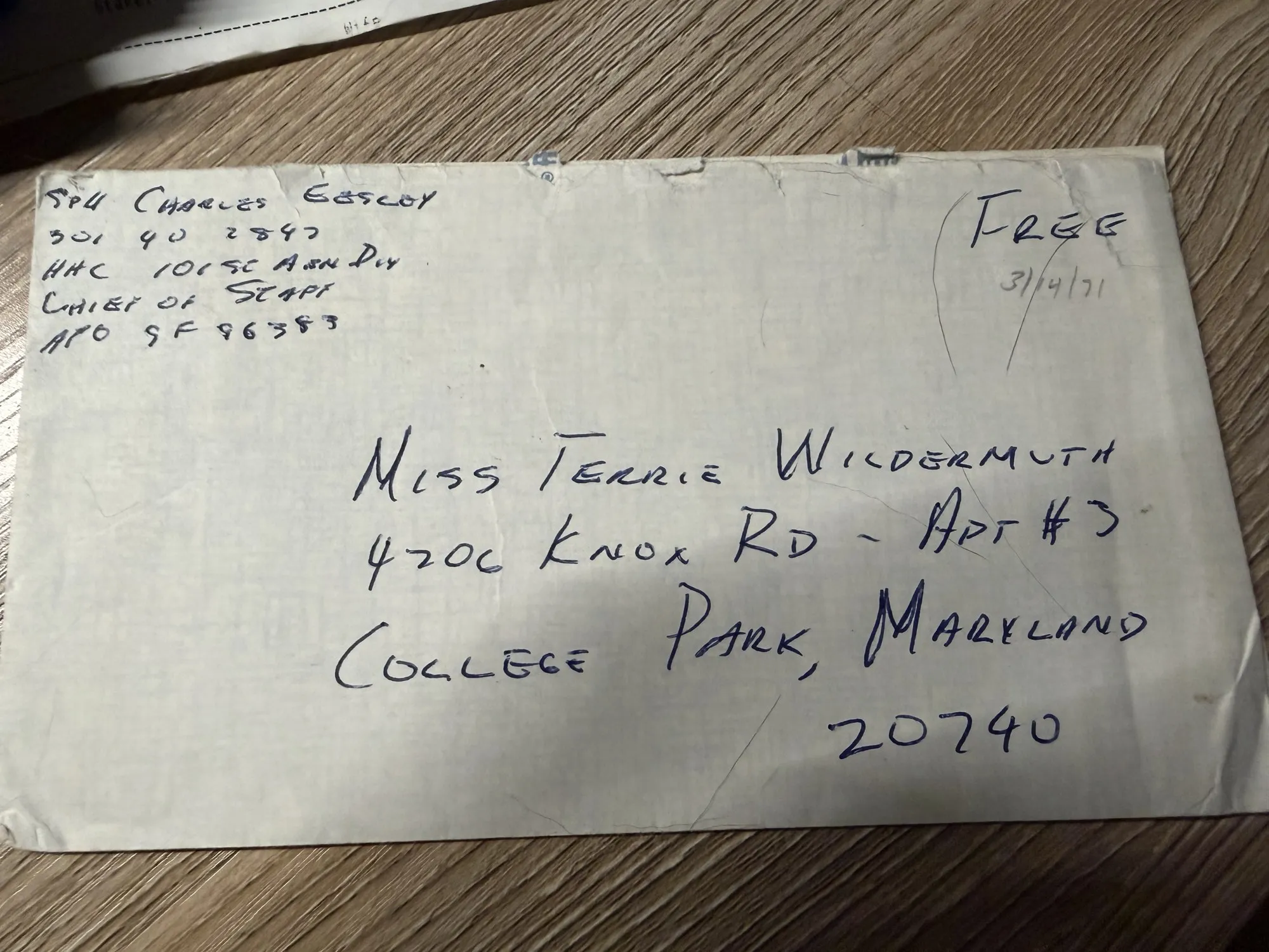 Envelope from SP4 Charles Eesley, HHC 101st Airborne Division, to Terrie Wildermuth in College Park, Maryland, marked FREE and dated 3/4/71.