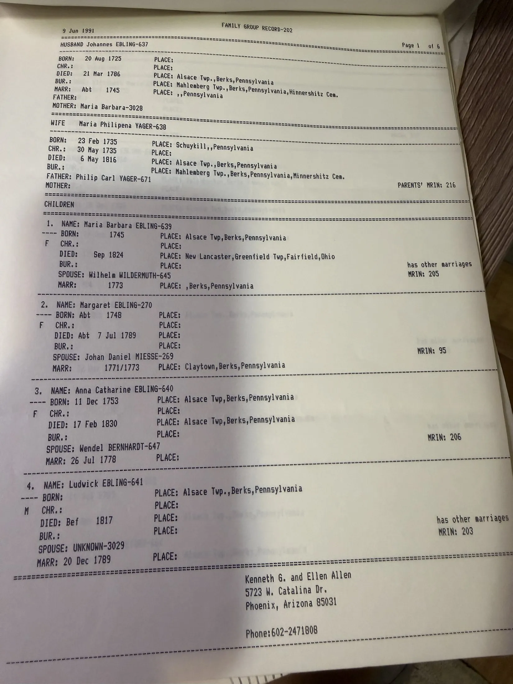 Erling / Ebling Family Group Record 203 — an unconnected line, sent 1991