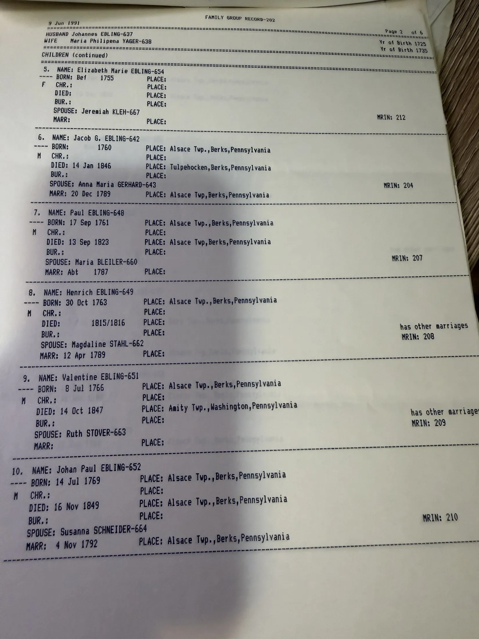 Page two of Family Group Record 203, continuing the children list with Elizabeth Marie, Jacob G., Paul, Henrich, Valentine and Johan Paul Erling.