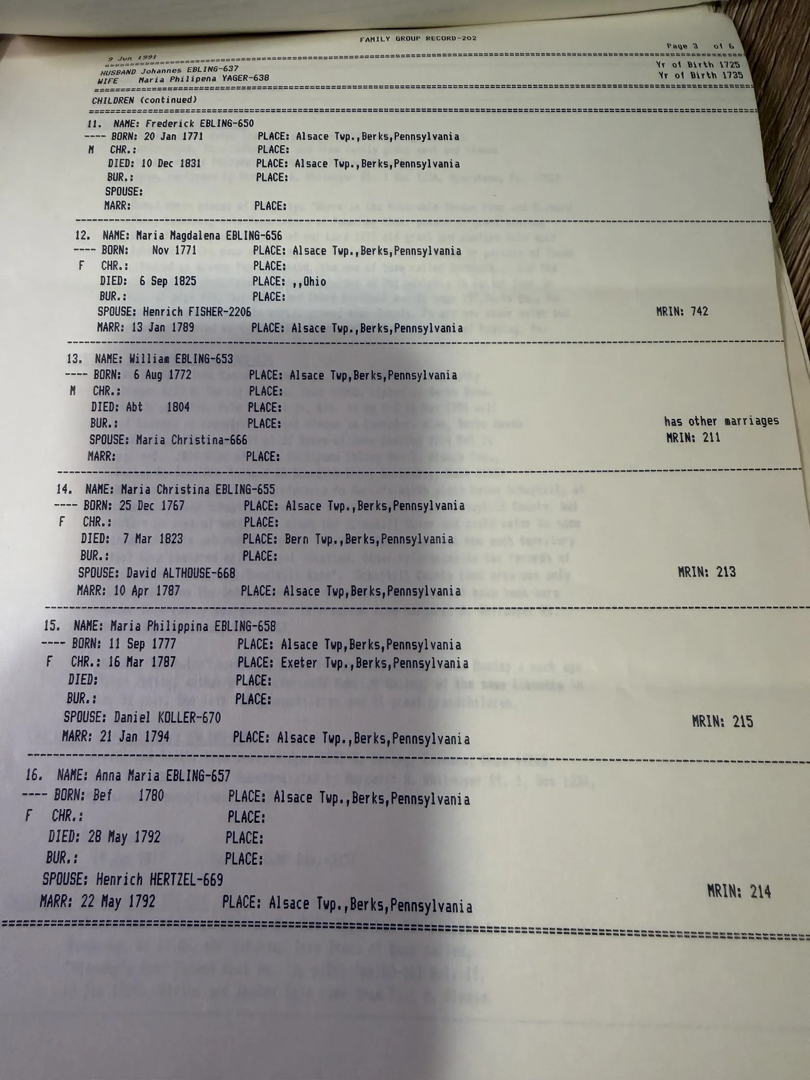 Page three of Family Group Record 203, listing children Frederick, Maria Magdalena, William, Maria Christina, Maria Philippina and Anna Maria Erling.