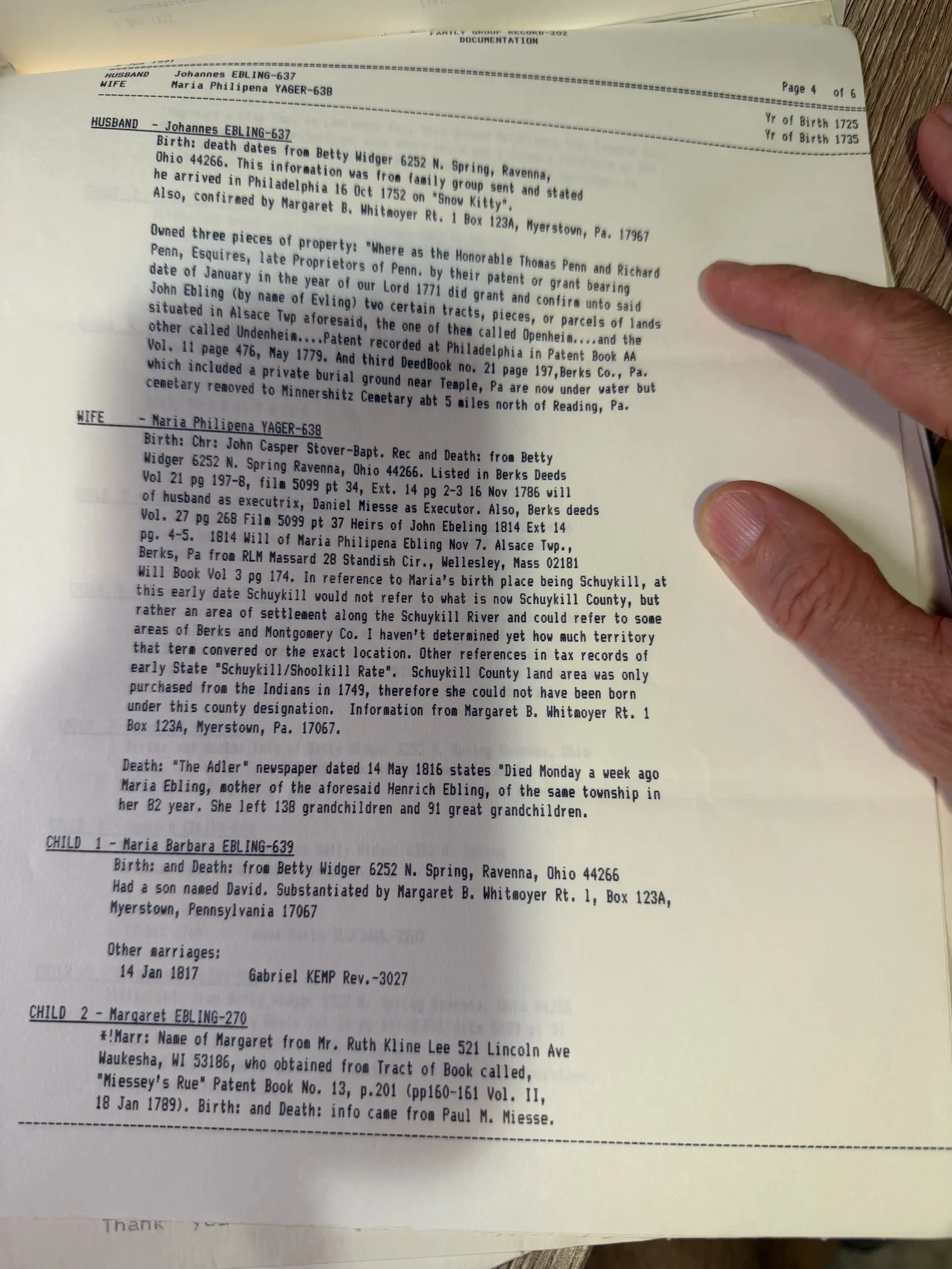 Page four of Family Group Record 203, a documentation page citing Penn proprietary land grants, patent book references and Berks County deeds, with a newspaper death notice from Der Adler of 14 May 1816.