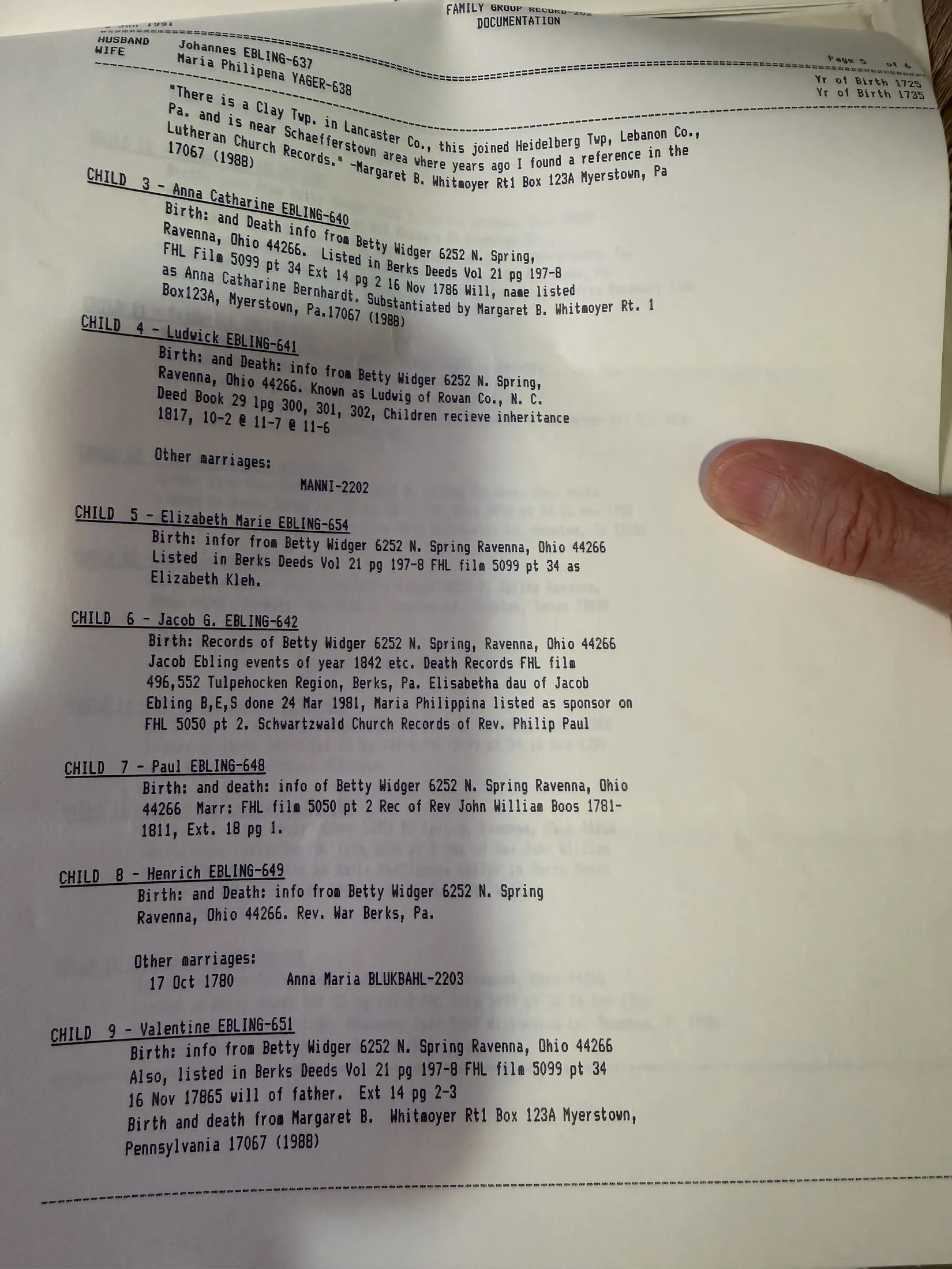Page five of Family Group Record 203, documentation notes on children three through nine citing Berks County deeds and Lutheran church records.