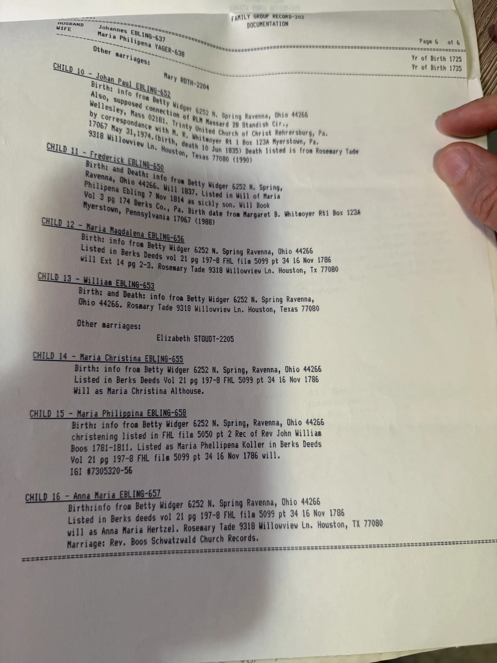 Page six of Family Group Record 203, documentation notes on children ten through sixteen citing church records and correspondence with researchers in Ohio, Pennsylvania and Texas.