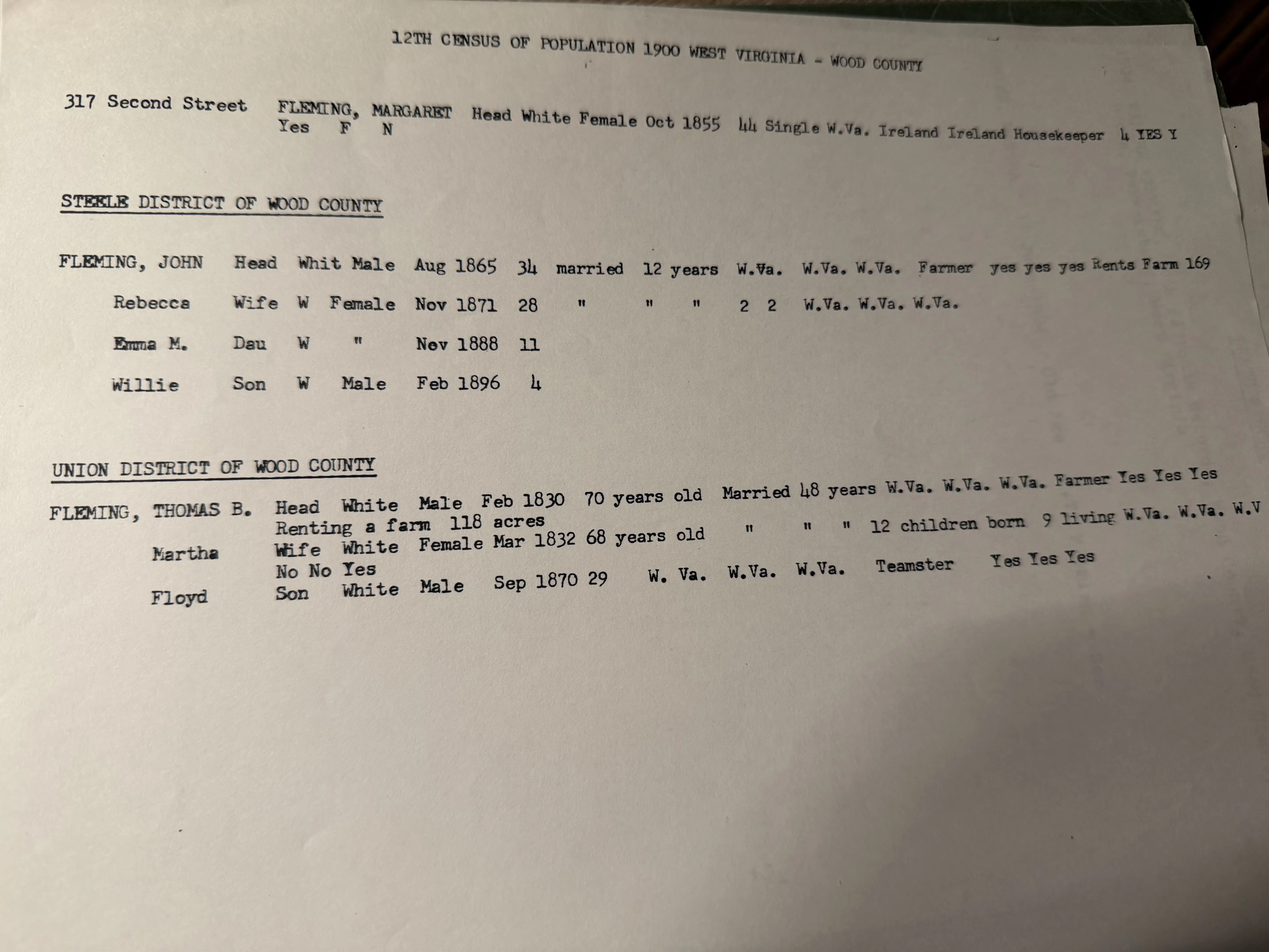 The 1900 census and Martha Fleming's death record — two Wood County documents that correct the archive