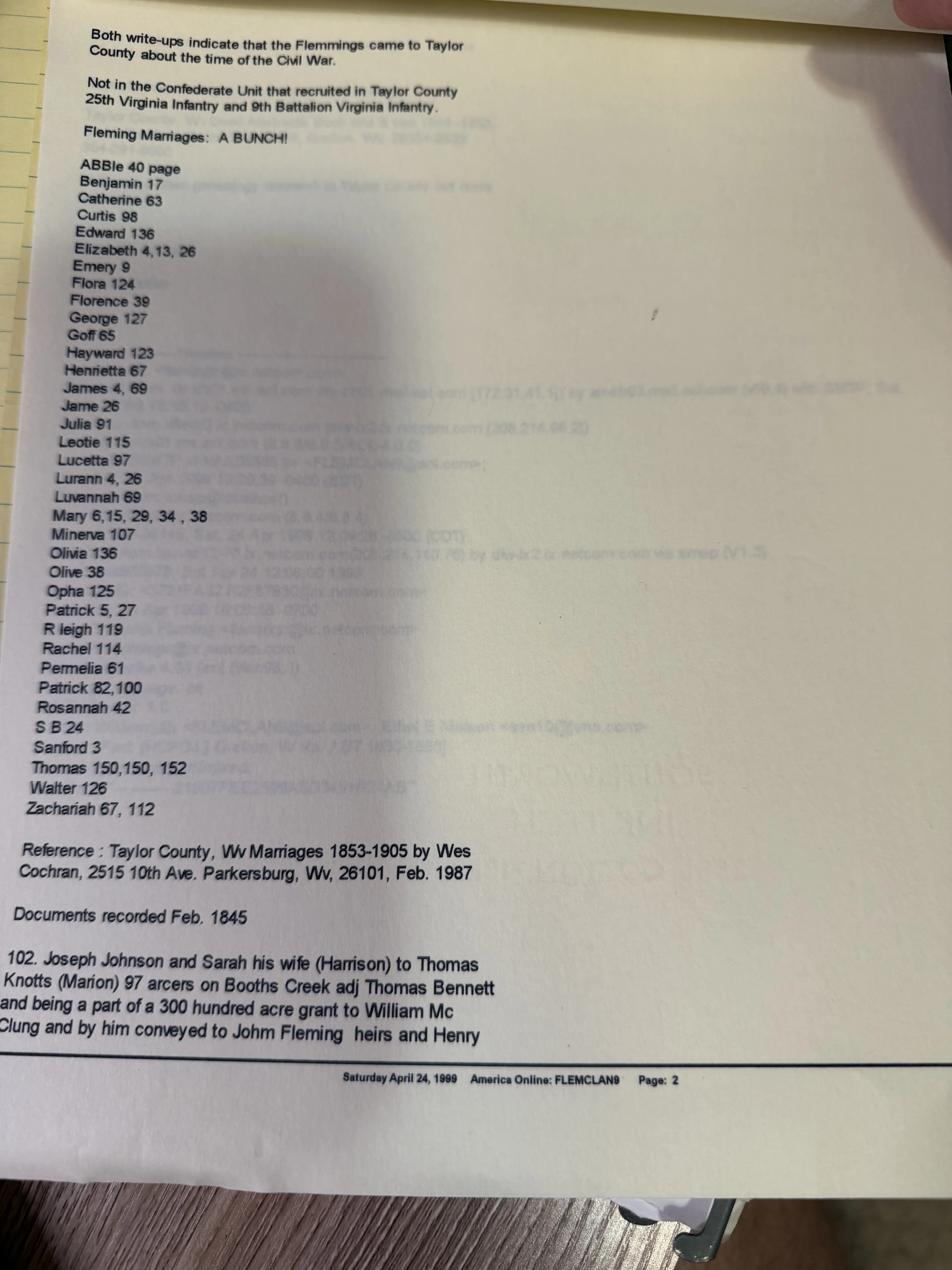 Page two of the printout, headed with Collier’s note that both write-ups indicate the Flemmings came to Taylor County about the time of the Civil War and that they were not in the Confederate unit recruited there, the 25th Virginia Infantry and 9th Battalion Virginia Infantry; then Fleming Marriages: A BUNCH!, a long alphabetical list of Fleming given names each with page numbers, from Abbie 40 to Zachariah 67 and 112, referenced to Taylor County, WV Marriages 1853-1905 by Wes Cochran of Parkersburg, February 1987; and below it a deed abstract recorded February 1845 conveying 97 acres on Booths Creek, part of a 300-acre grant to William McClung and by him conveyed to John Fleming heirs and Henry Little.