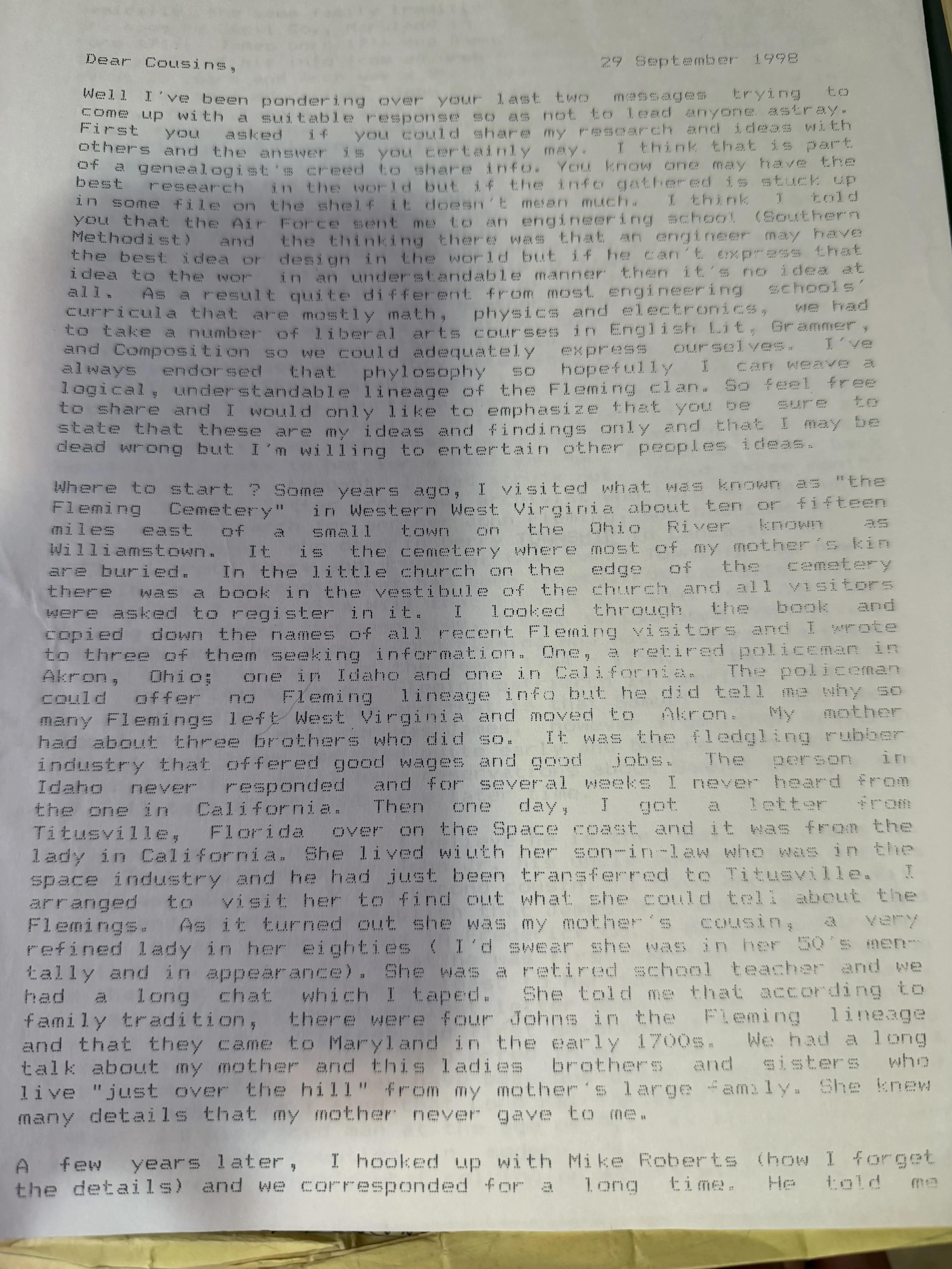 "Dear Cousins" — how the Fleming research was actually done, 29 September 1998