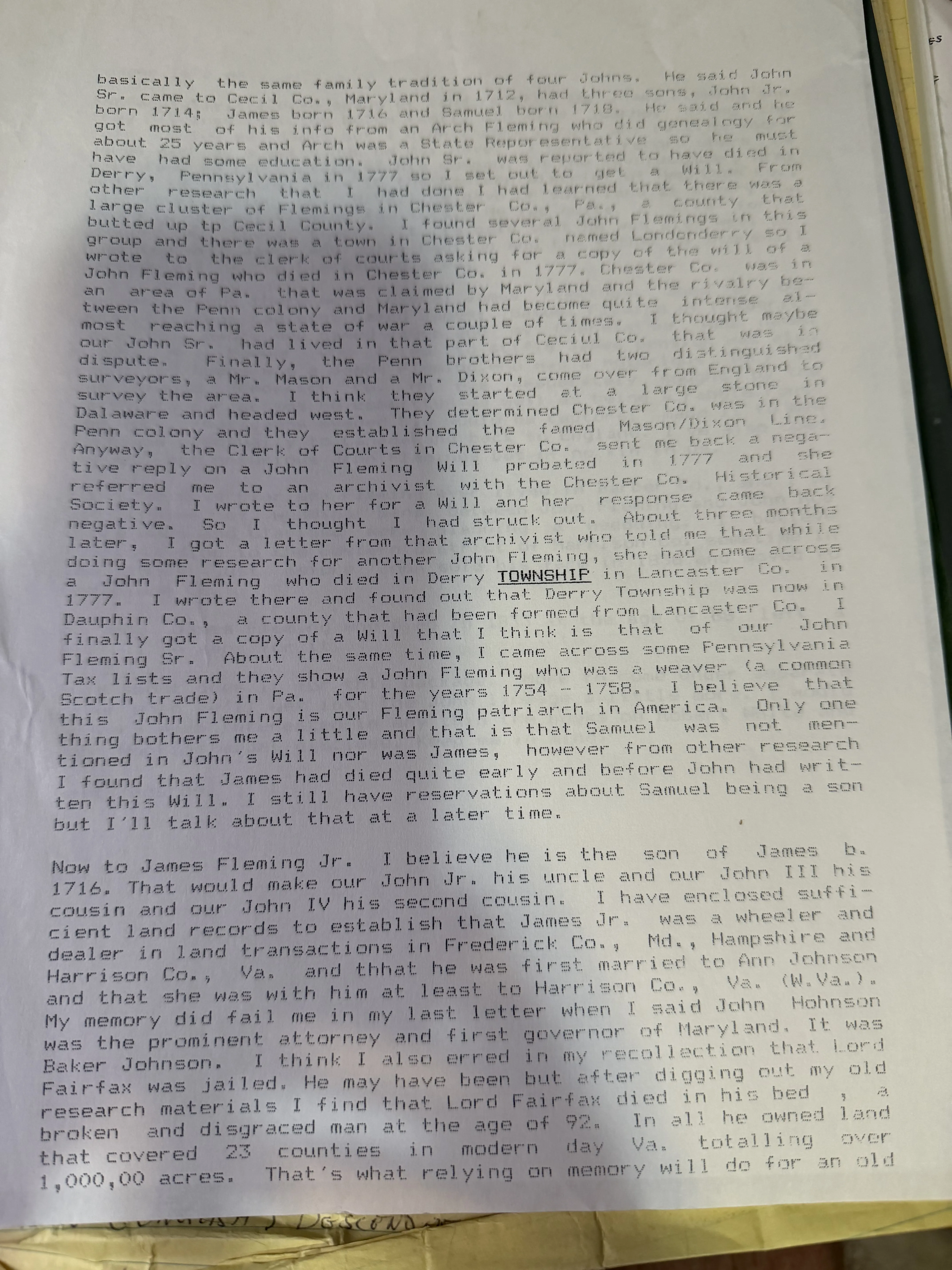 Page two of the typed letter, describing the four-Johns tradition received from Arch Fleming, the search for John Fleming Senior’s will through Chester County and the Chester County Historical Society, the archivist’s unprompted letter about a John Fleming who died in Derry TOWNSHIP — the word underlined — in Lancaster County in 1777, the Pennsylvania tax lists showing a John Fleming who was a weaver, and the corrections about Baker Johnson and Lord Fairfax.