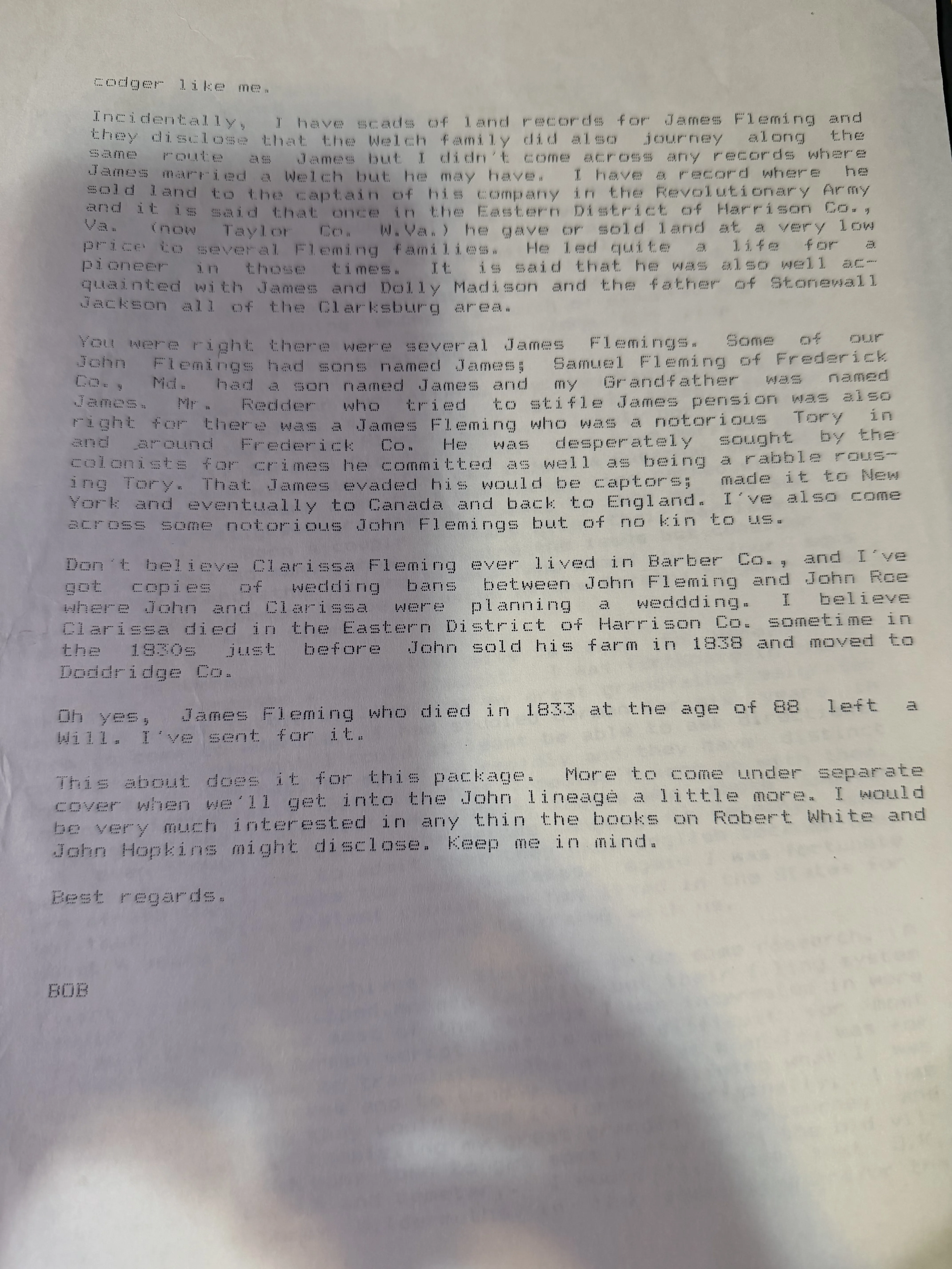 Page three of the typed letter, covering the land records for James Fleming and the Welch family travelling the same route, the sale of land to his Revolutionary company captain, the cheap land given to Fleming families in the Eastern District of Harrison County now Taylor County, the several James Flemings including the notorious Tory who fled to Canada and England, the correction that Clarissa never lived in Barbour County and the surviving copies of the 1803 wedding banns, the note that James Fleming died in 1833 aged 88 leaving a will, and the closing request about Robert White and John Hopkins, signed BOB.