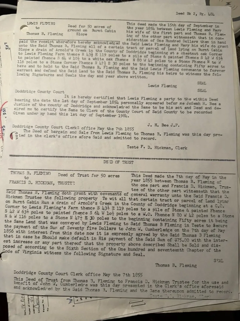 A typed transcript sheet headed Deed Bk 2, Pg. 484, giving the full text of the 1854 deed from Lewis Fleming and Mary his wife to Thomas B. Fleming for fifty acres on Burnt Cabin Slope, the justice’s certificate, the clerk’s recording note, and beneath it the complete 1855 deed of trust to Francis D. Hickman for the benefit of John W. Cumberledge.