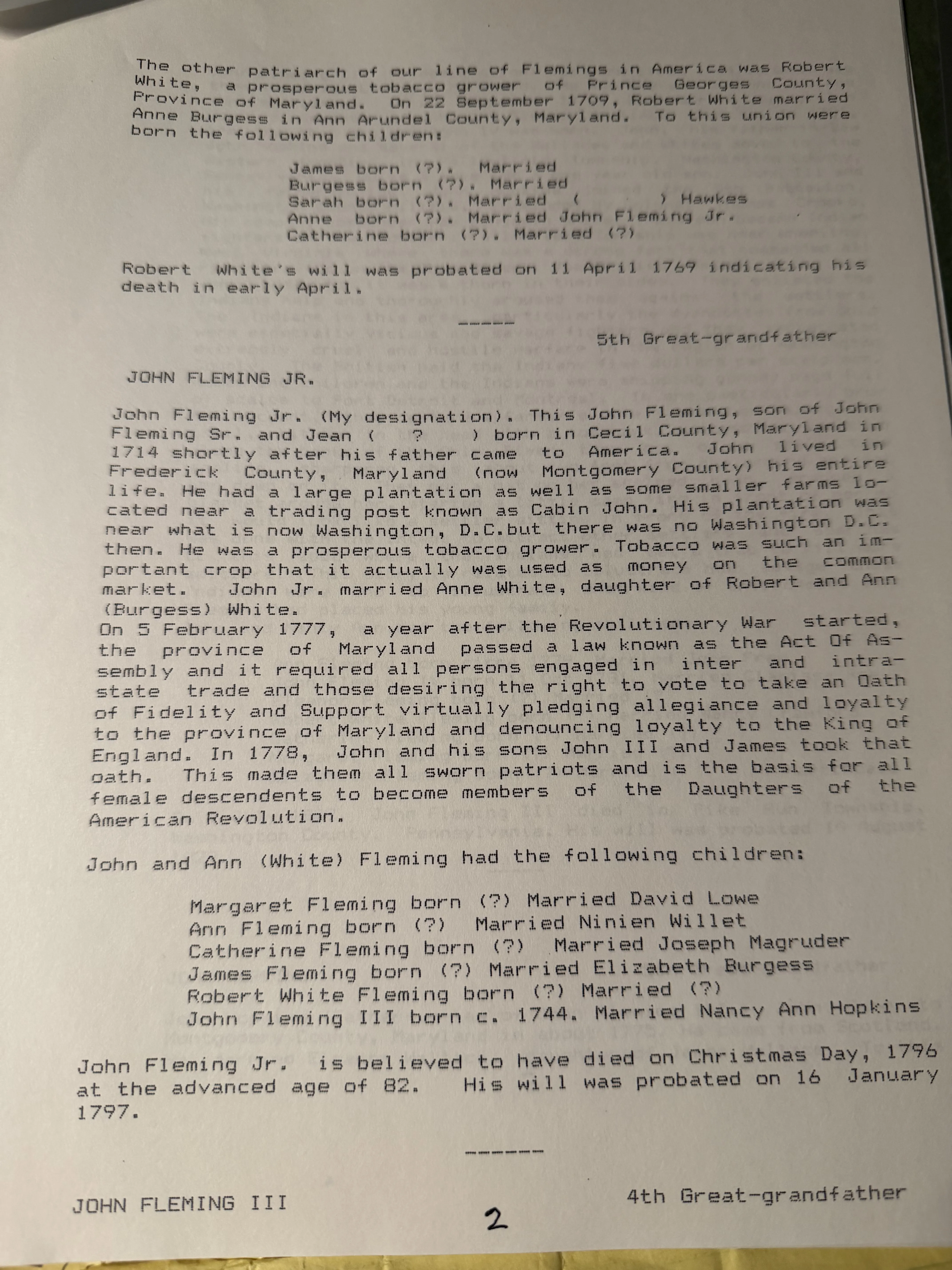 John Fleming Family Legacy — Robert Earl Wildermuth's Fleming narrative (c. 1998) — scan 1