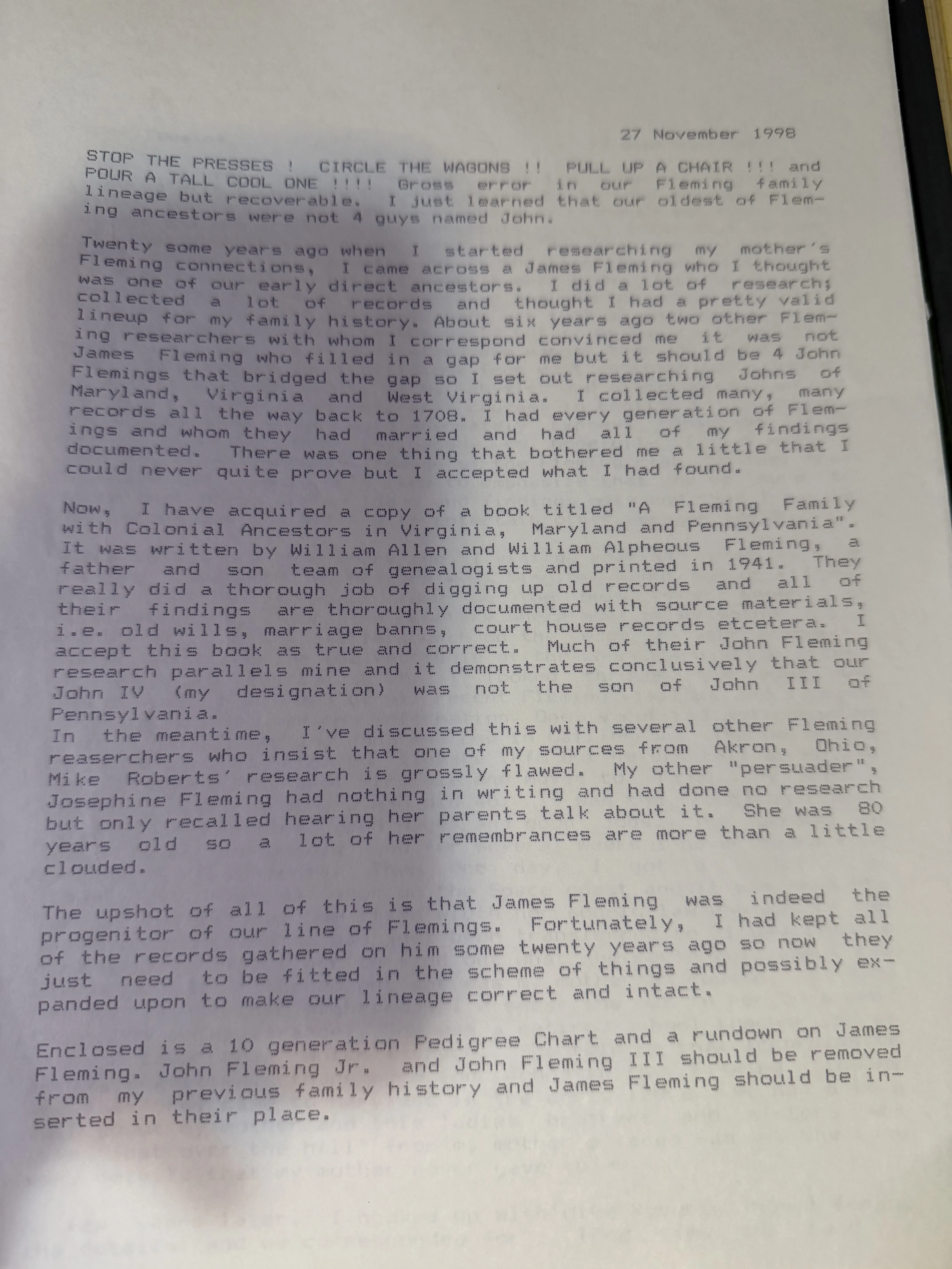 "STOP THE PRESSES!" — Robert Earl Wildermuth retracts the Fleming line, 27 November 1998