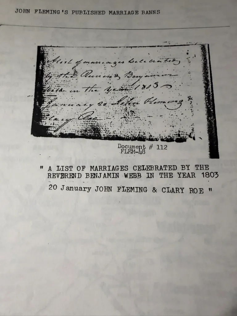 The 1803 marriage return — "January 20 John Fleming & Clary Roe"