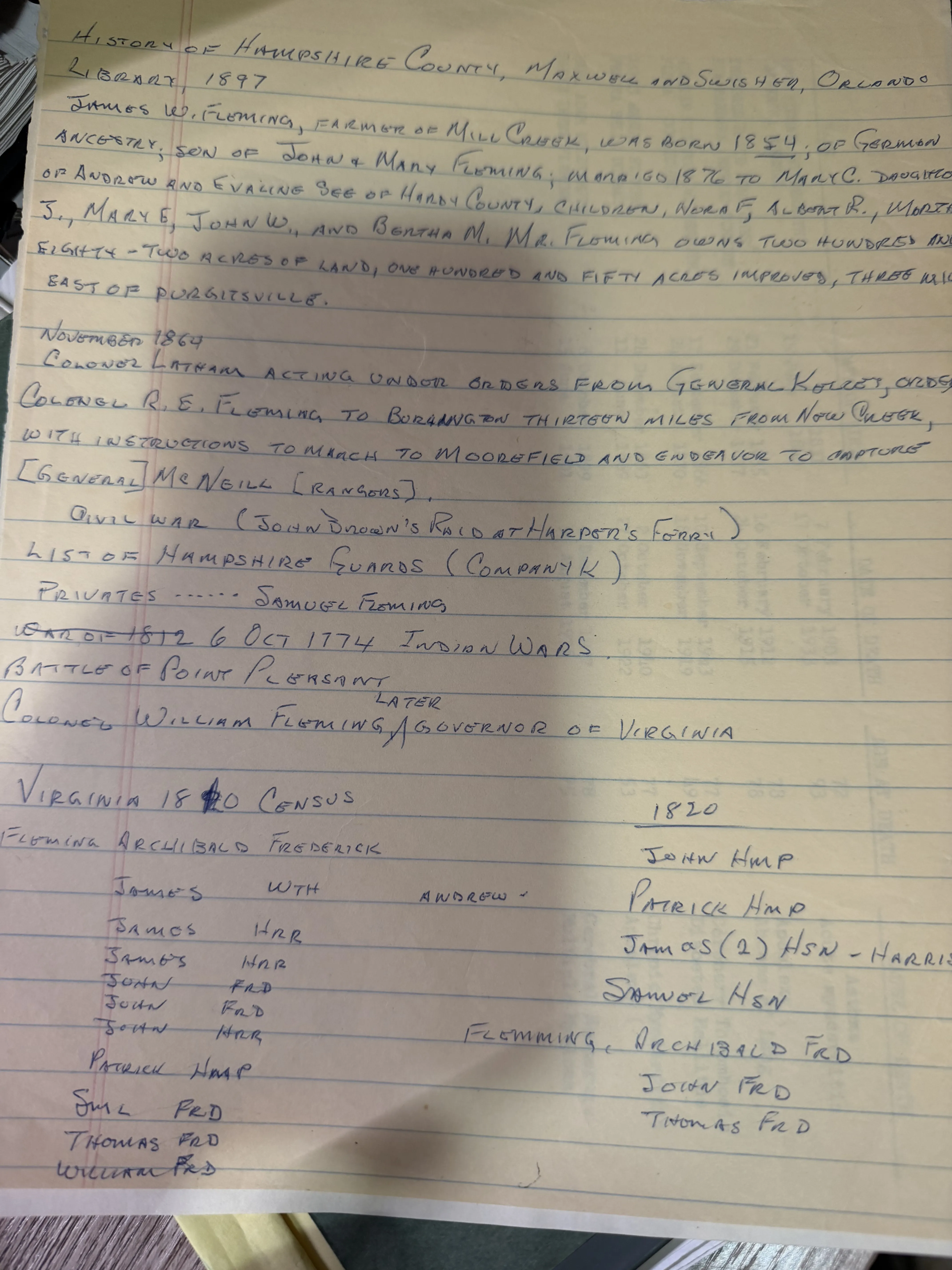 Handwritten notes from Maxwell and Swisher’s History of Hampshire County, 1897, and a list of Flemings in the 1820 Virginia census by county.