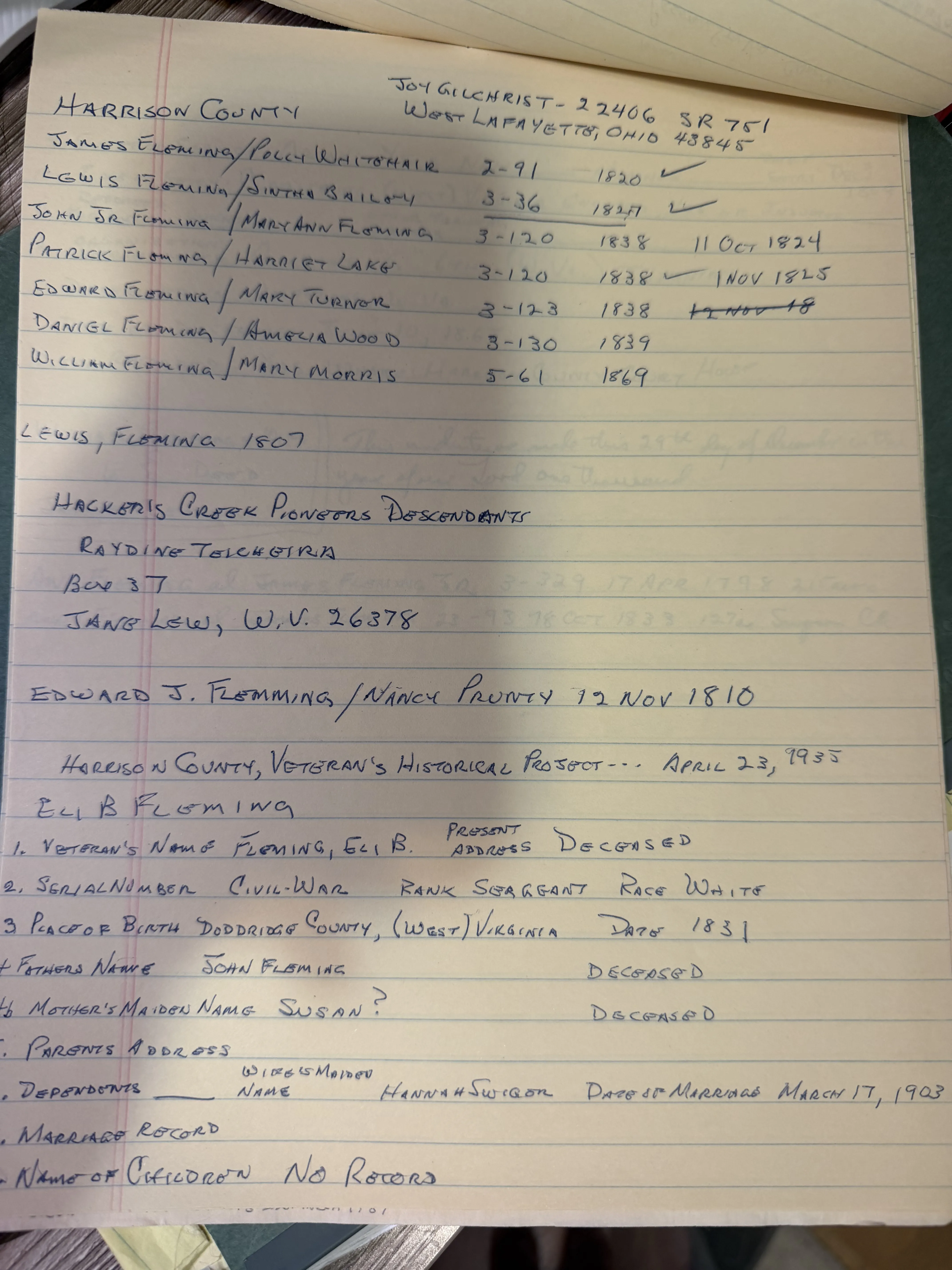 The Harrison County marriage index, and Eli Fleming's 1955 veteran's form