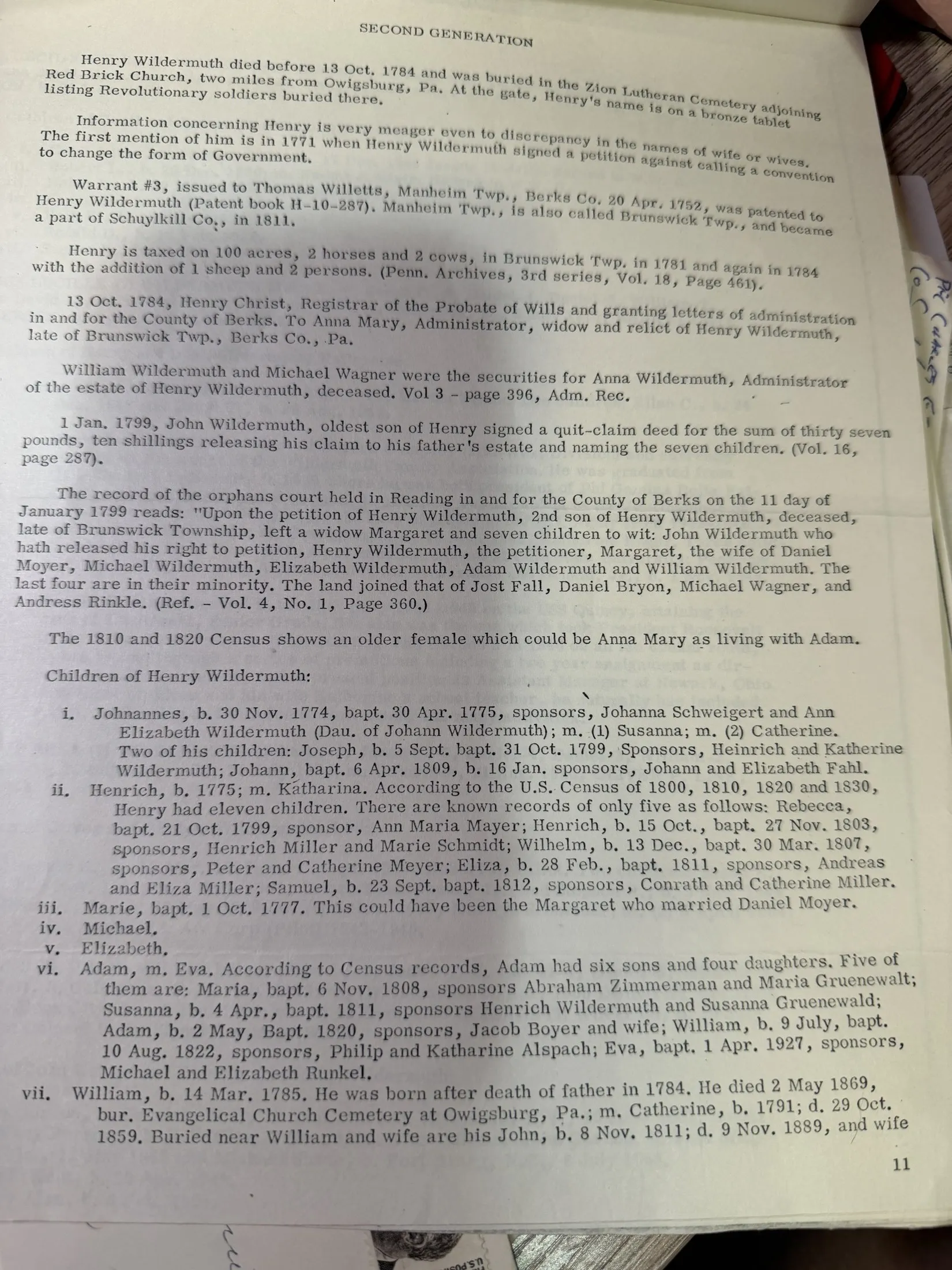 A printed page headed SECOND GENERATION, on Henry Wildermuth who died before 13 October 1784 and was buried in the Zion Lutheran cemetery, with Berks County orphans’ court and probate references and a list of his children.