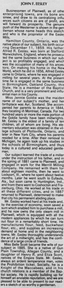 Biographical sketch of John F. Eesley, proprietor of the Eesley Mills — Michigan county history, c. 1890s