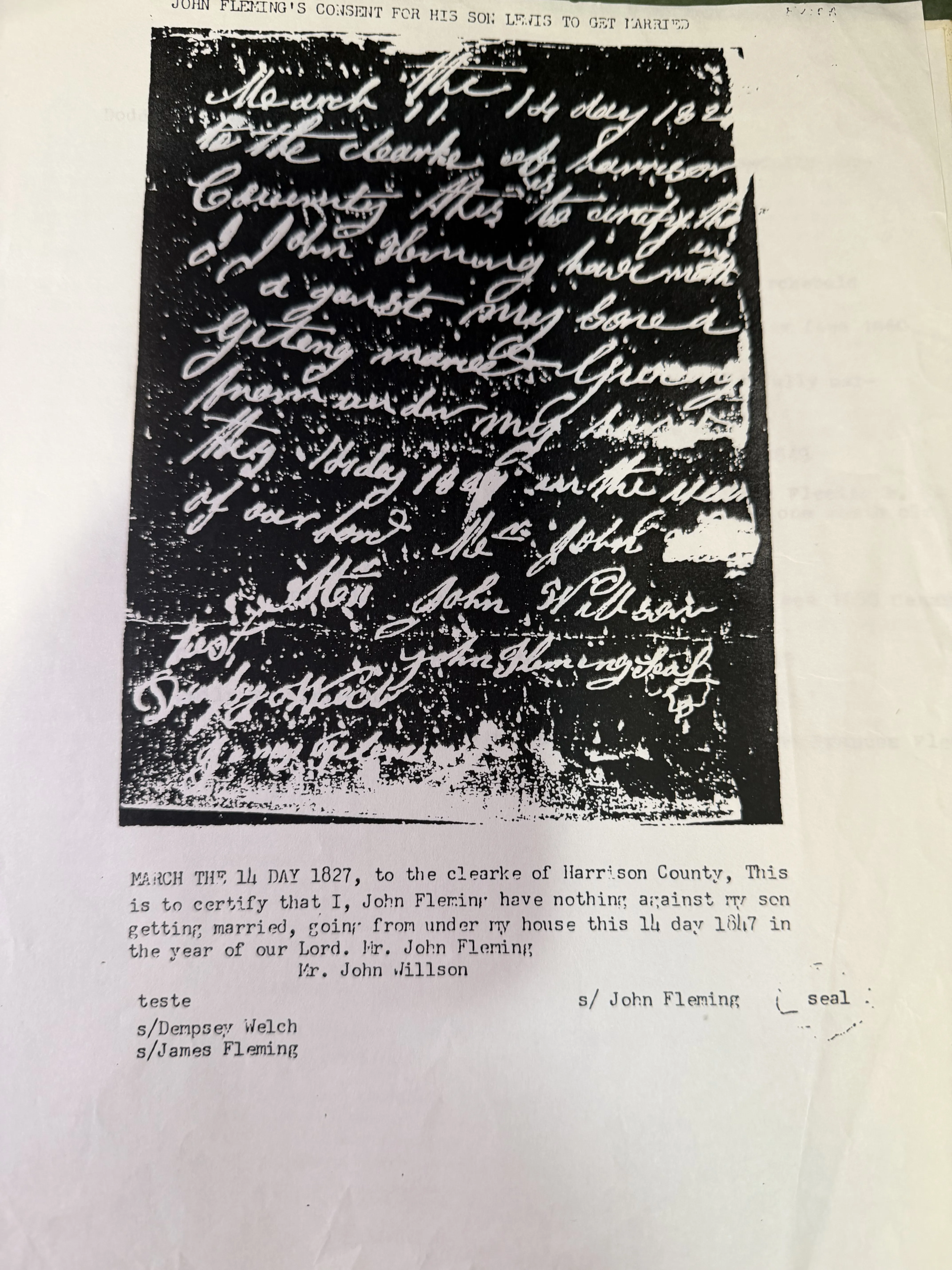 The 1827 consent note itself — signed, sealed, and witnessed by a James Fleming