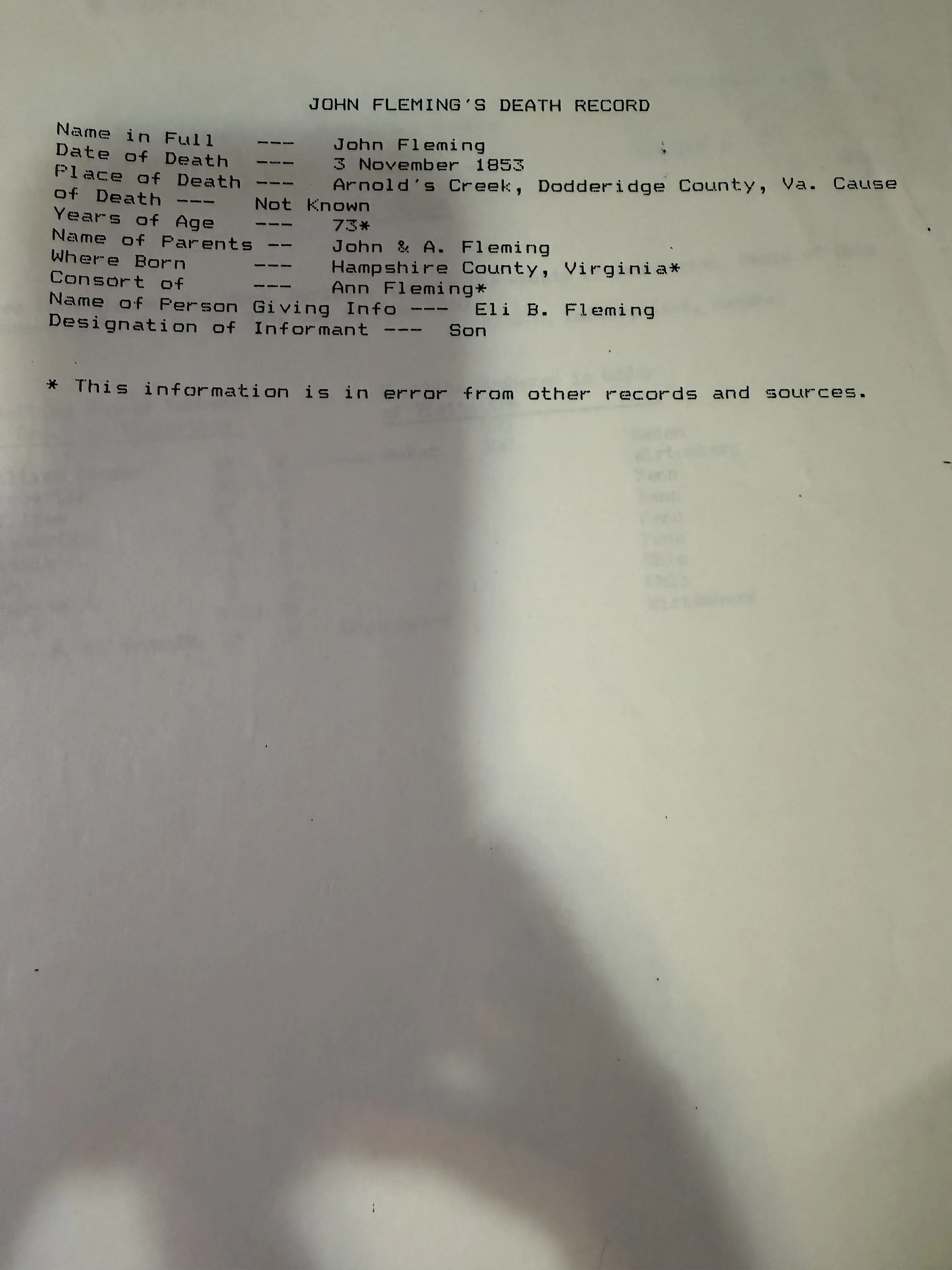 John Fleming's death record, 3 November 1853 — reported by his son Eli