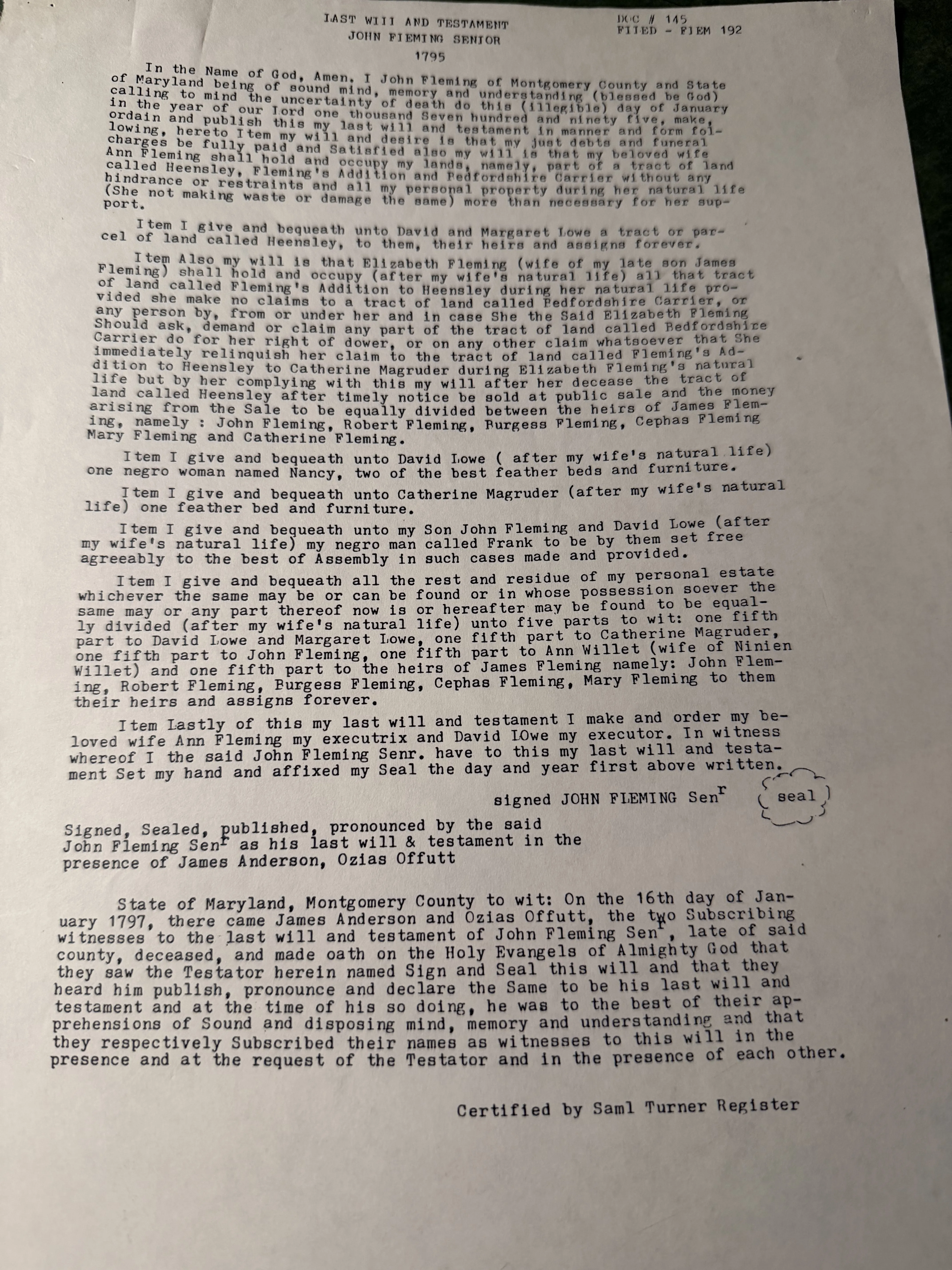 The 1795 will of John Fleming Senior of Montgomery County, Maryland